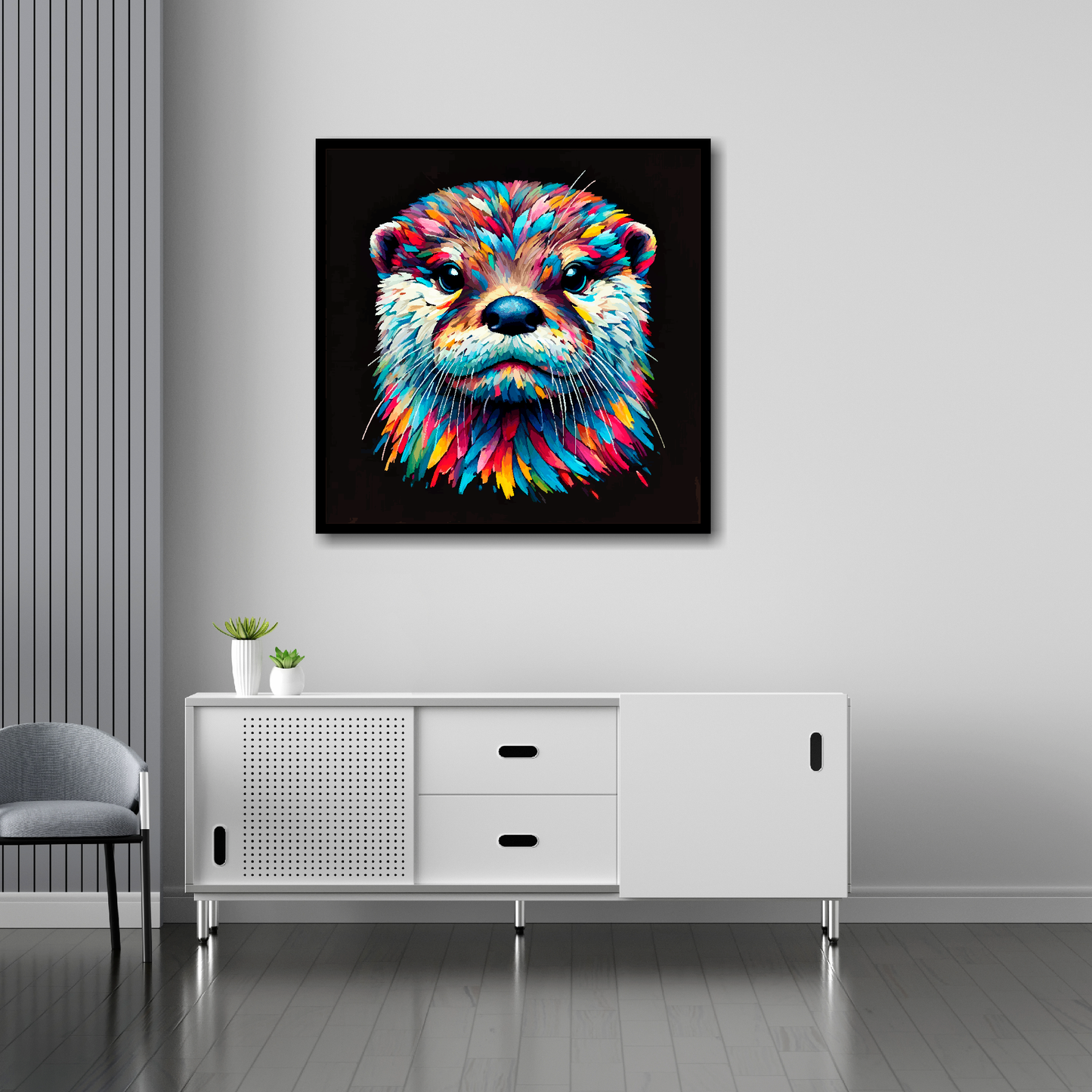 Otter canvas 30x30 inches above sideboard - large colourful wildlife portrait UK made