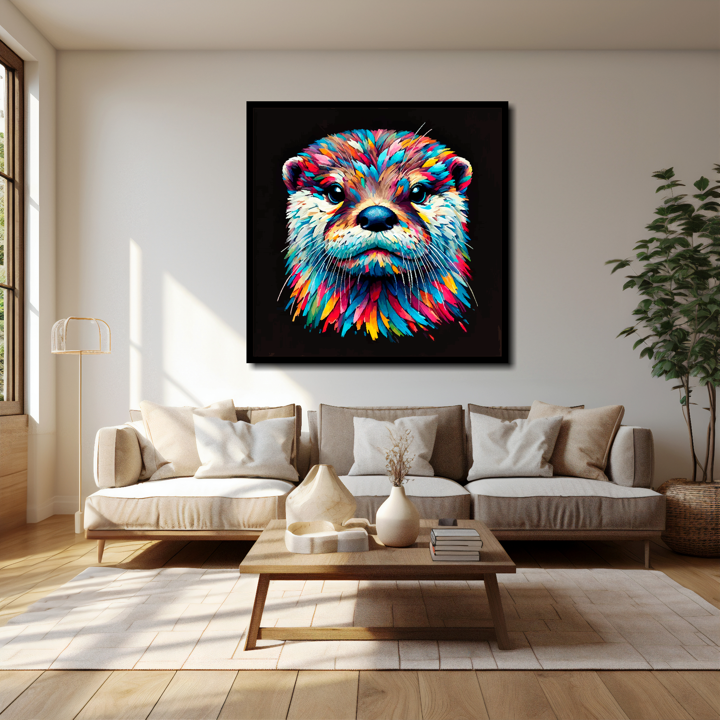 Otter canvas 40x40 inches above cream sofa - XL vibrant wildlife wall art UK