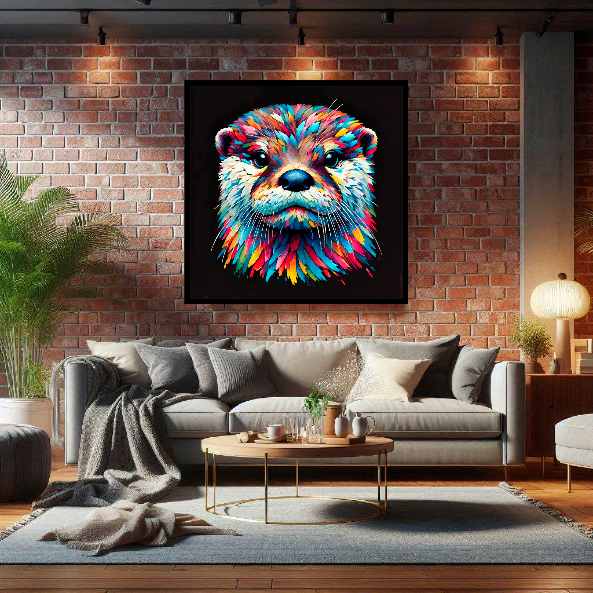 Large Otter canvas on brick wall above grey sofa - bold wildlife portrait UK living room
