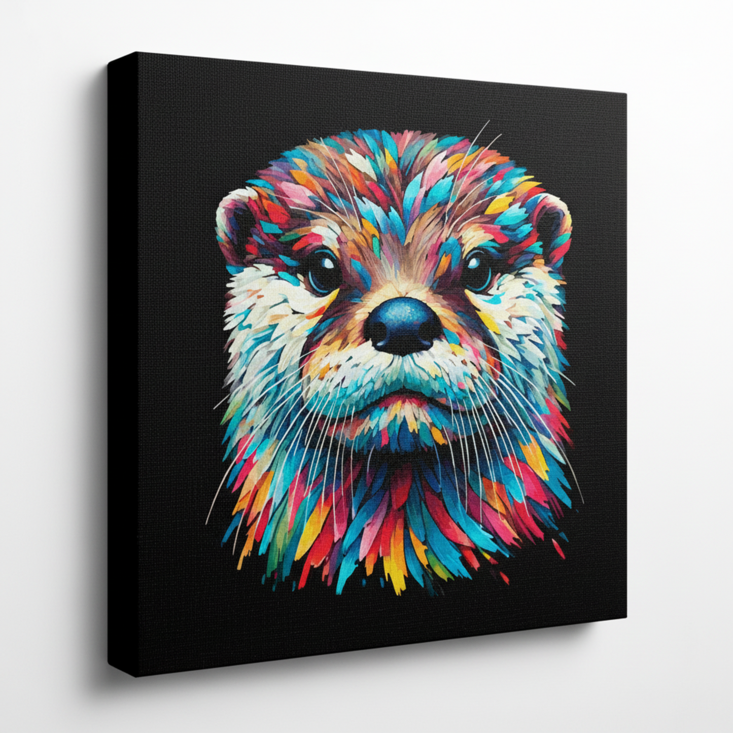 Colourful Otter wildlife portrait canvas print - UK made abstract animal wall art black background