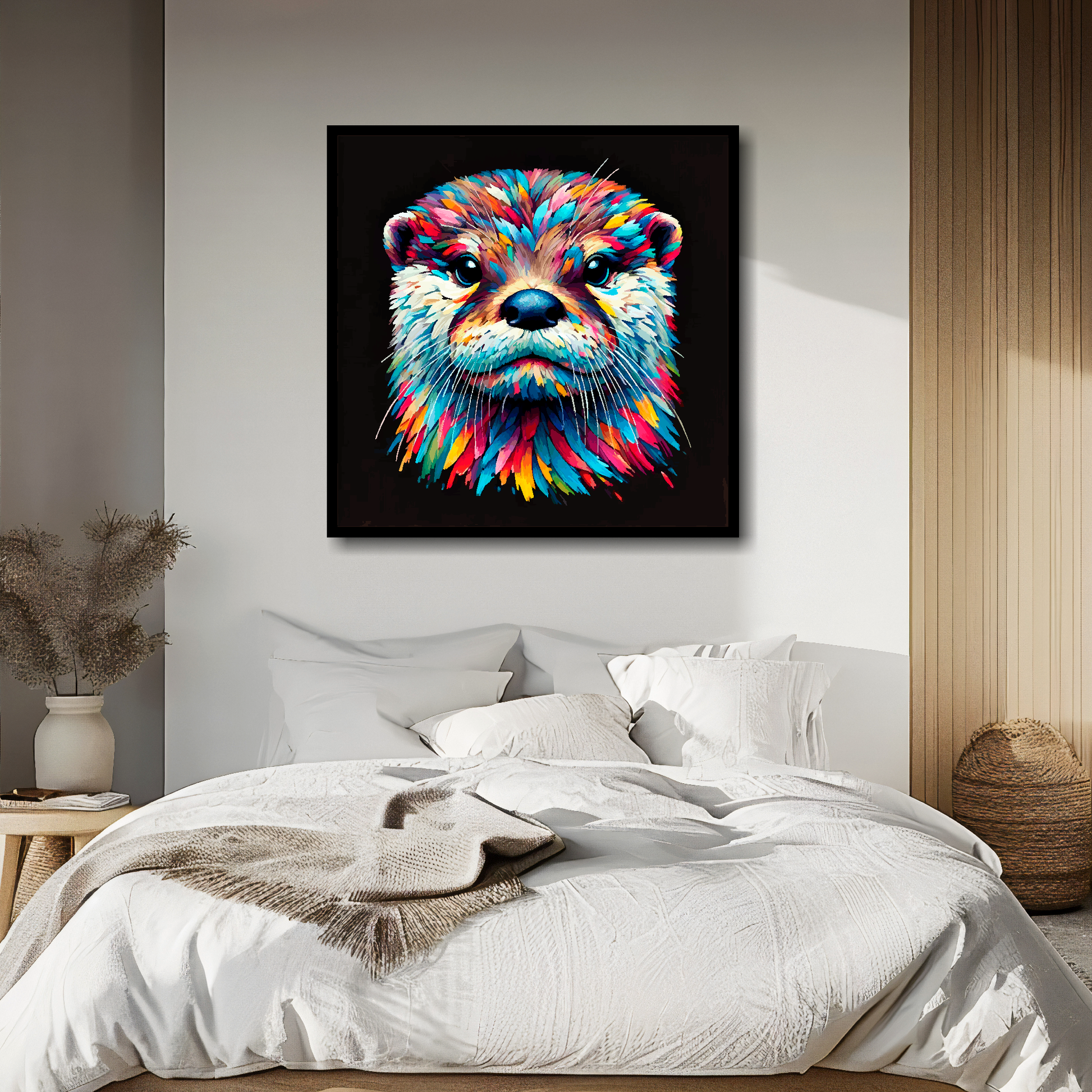 Otter portrait canvas above bed - colourful wildlife wall decor for UK bedrooms