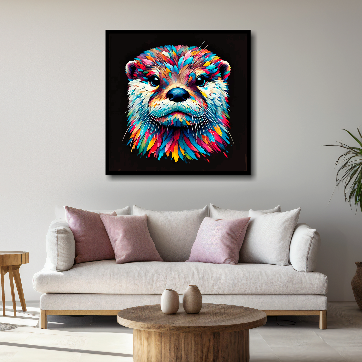 Large Otter canvas above white sofa - vibrant abstract wildlife portrait wall art UK
