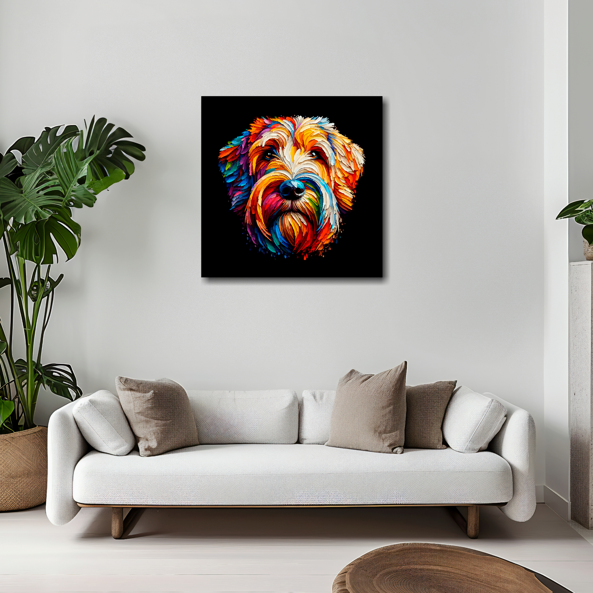 Otterhound canvas 20x20 inches above white sofa - vibrant dog portrait wall art UK