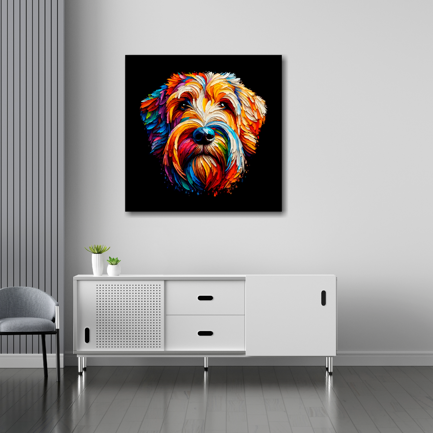 Otterhound canvas 30x30 inches above sideboard - large colourful dog portrait UK made