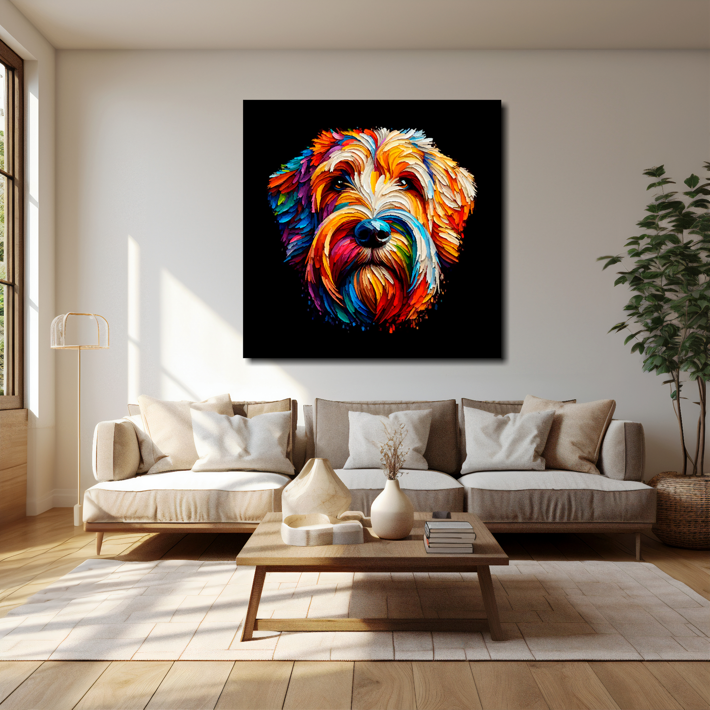 Otterhound canvas 40x40 inches above cream sofa - XL vibrant dog wall art UK