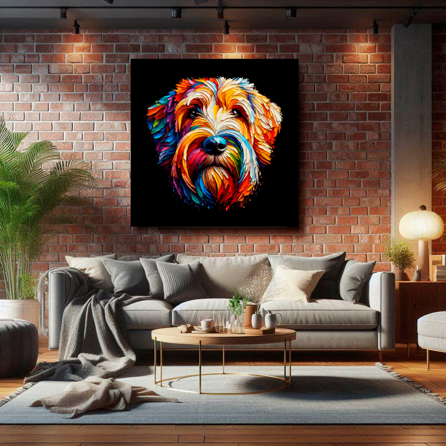 Large Otterhound canvas on brick wall above grey sofa - bold dog portrait UK living room