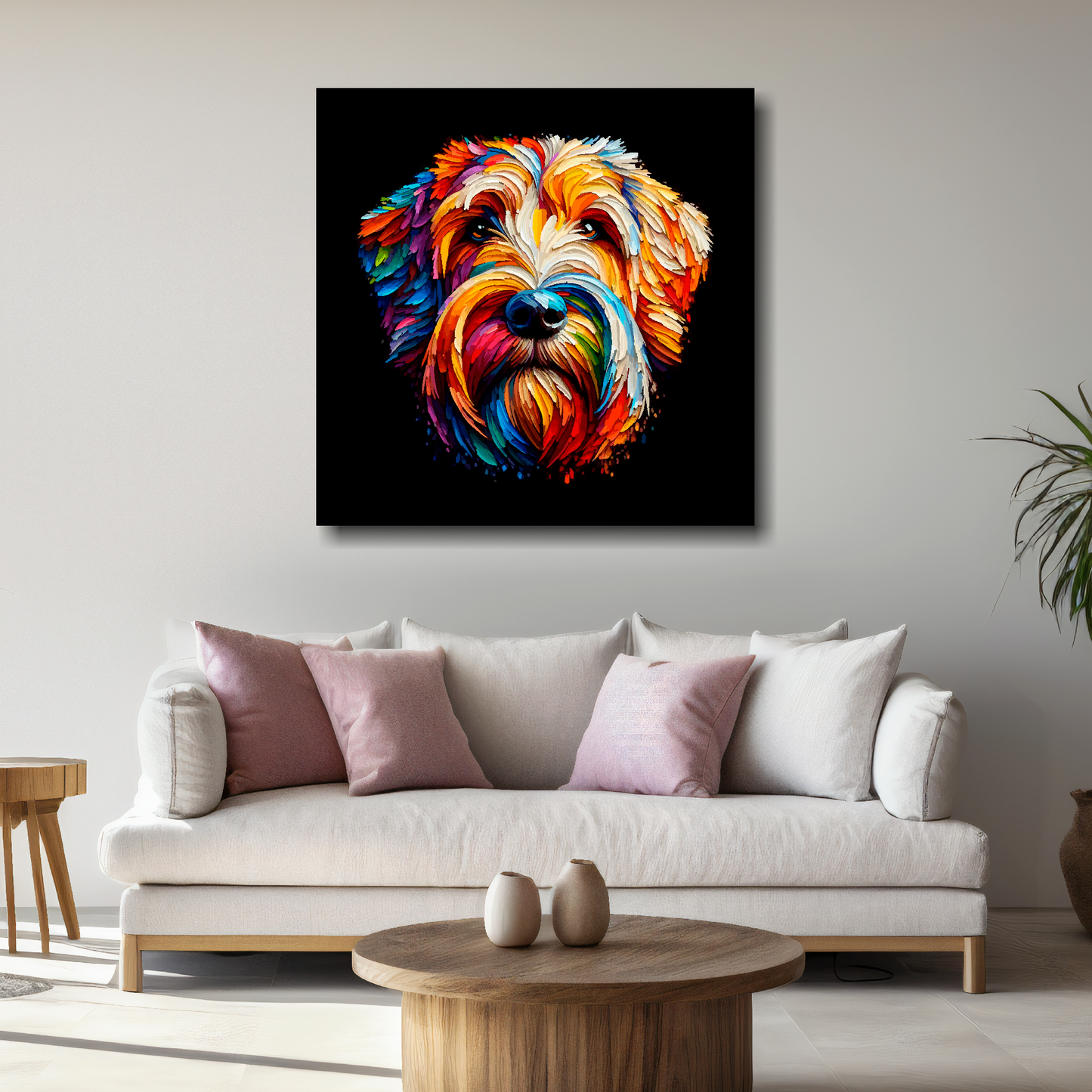 Large Otterhound canvas above white sofa - vibrant abstract dog portrait wall art UK