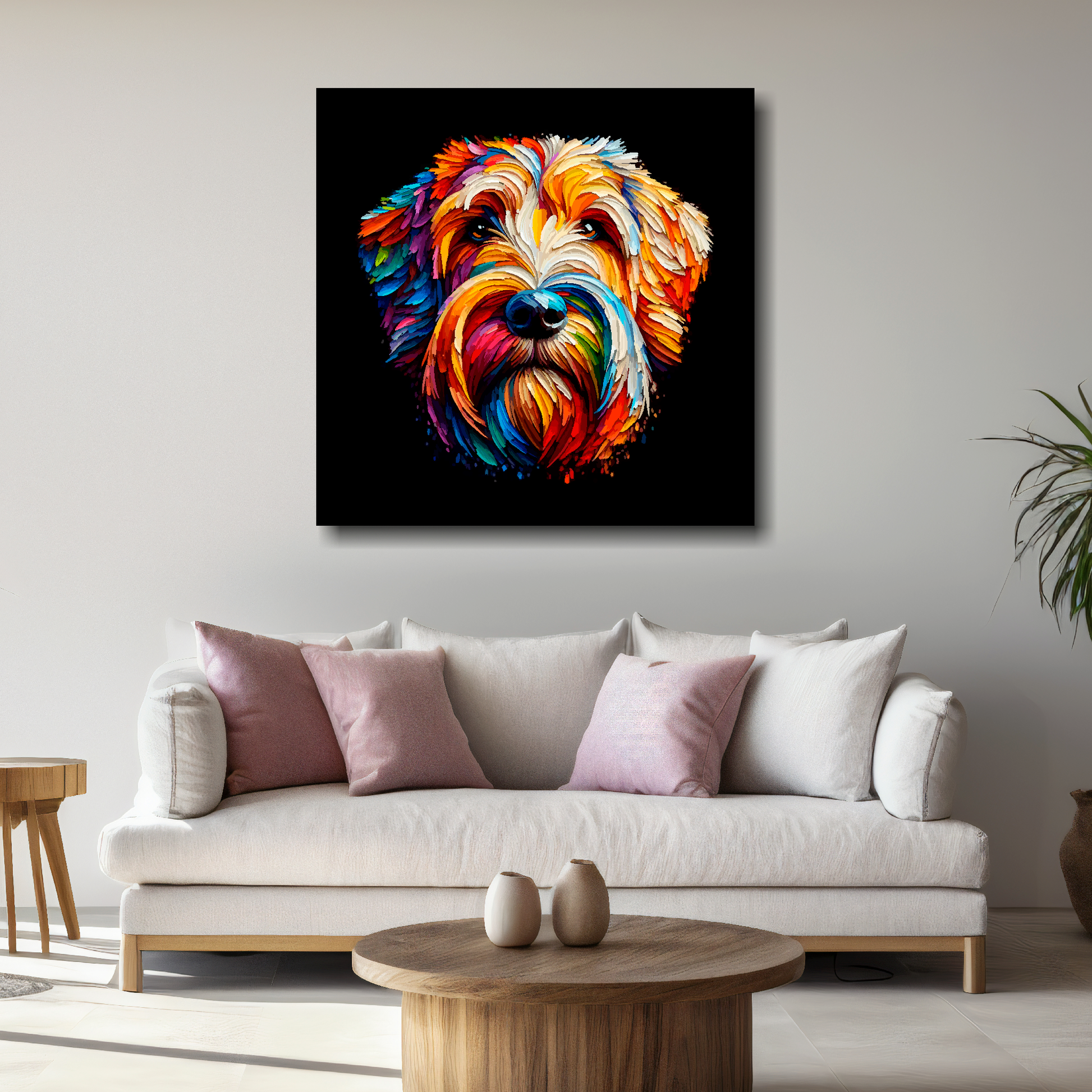 Large Otterhound canvas above white sofa - vibrant abstract dog portrait wall art UK