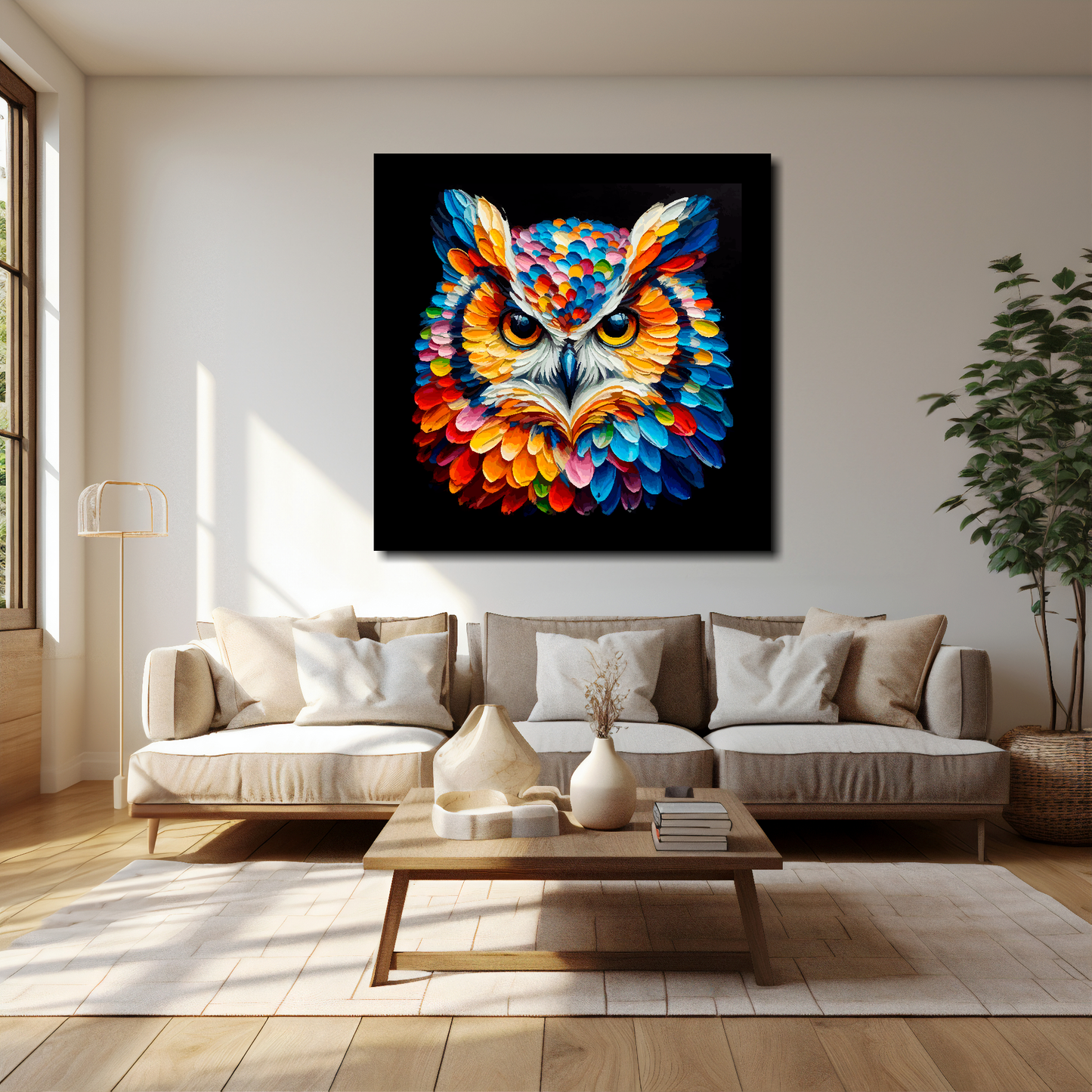 Owl canvas 40x40 inches above cream sofa - XL vibrant bird wall art UK