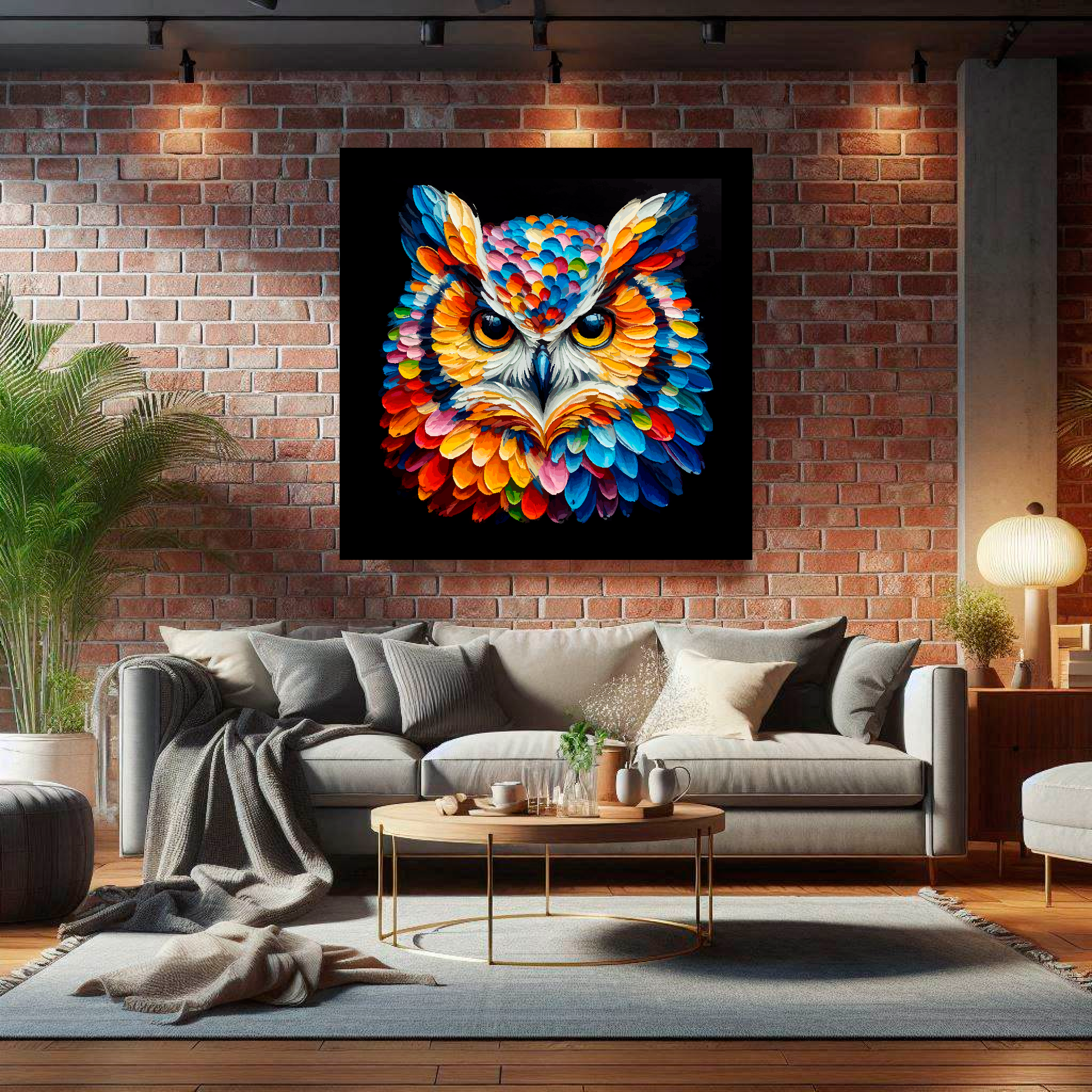 Large Owl canvas on brick wall above grey sofa - bold bird portrait UK living room