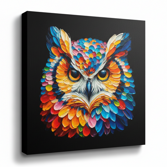 Colourful Owl bird portrait canvas print - UK made abstract wildlife wall art black background