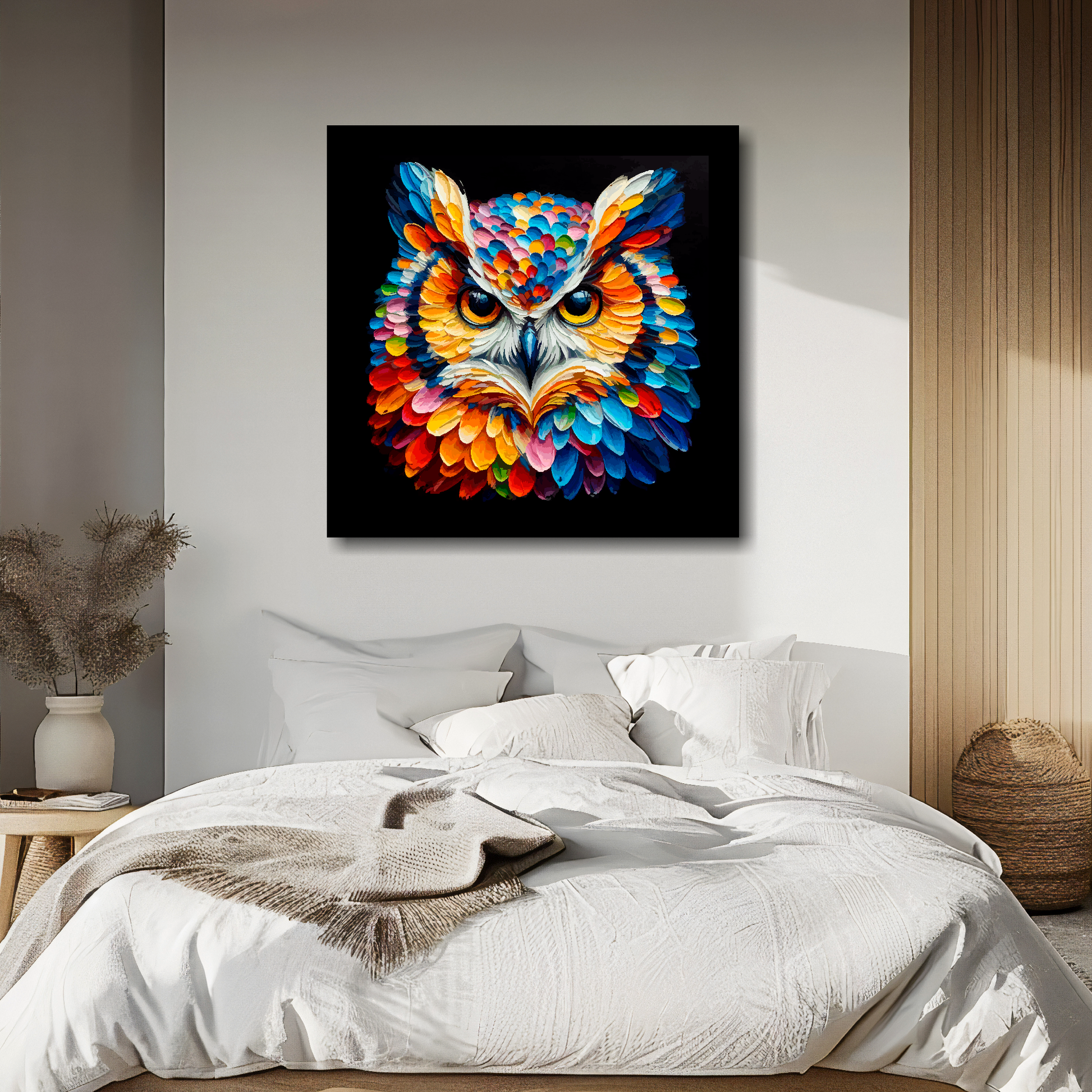 Owl portrait canvas above bed - colourful bird wall decor for UK bedrooms