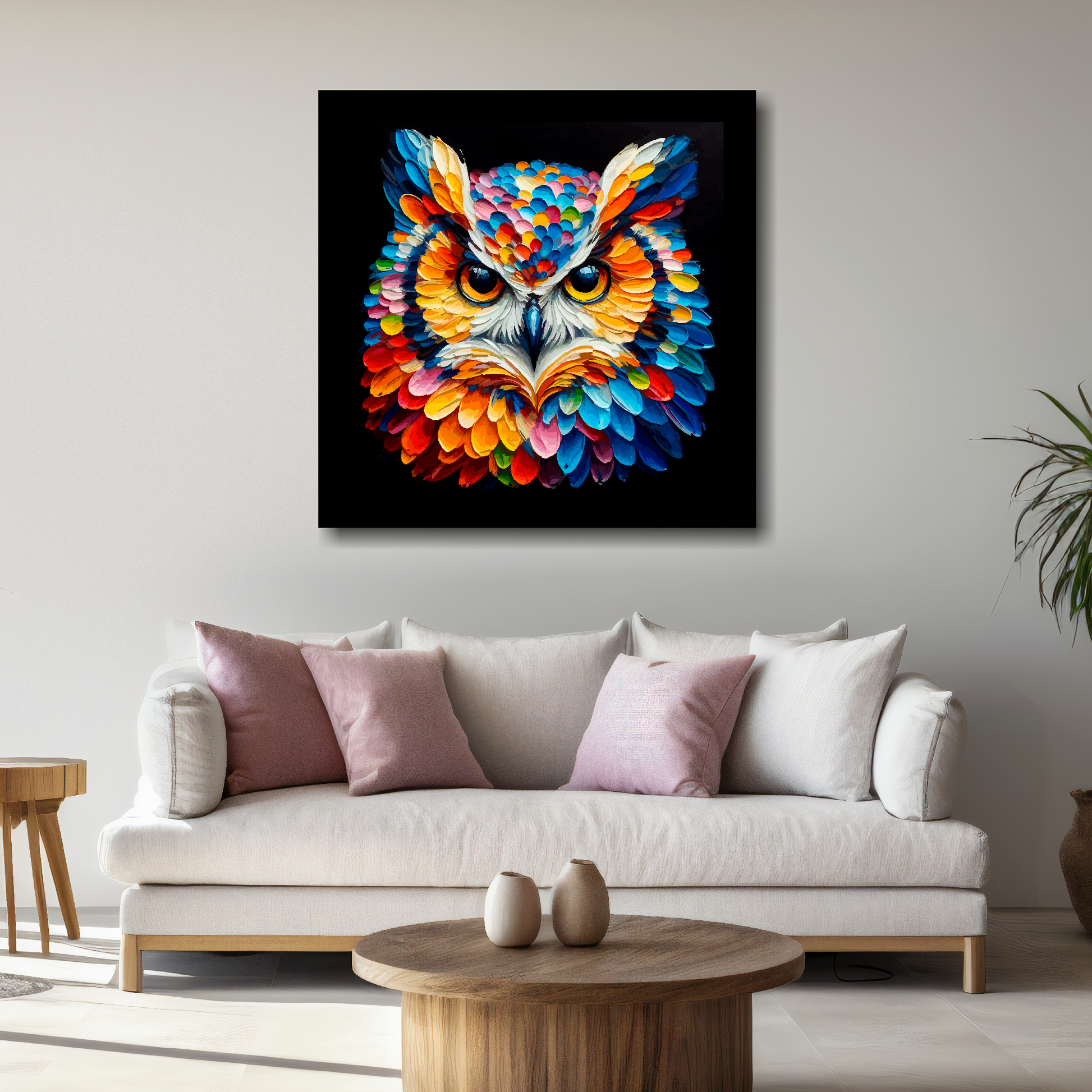 Large Owl canvas above white sofa - vibrant abstract bird portrait wall art UK