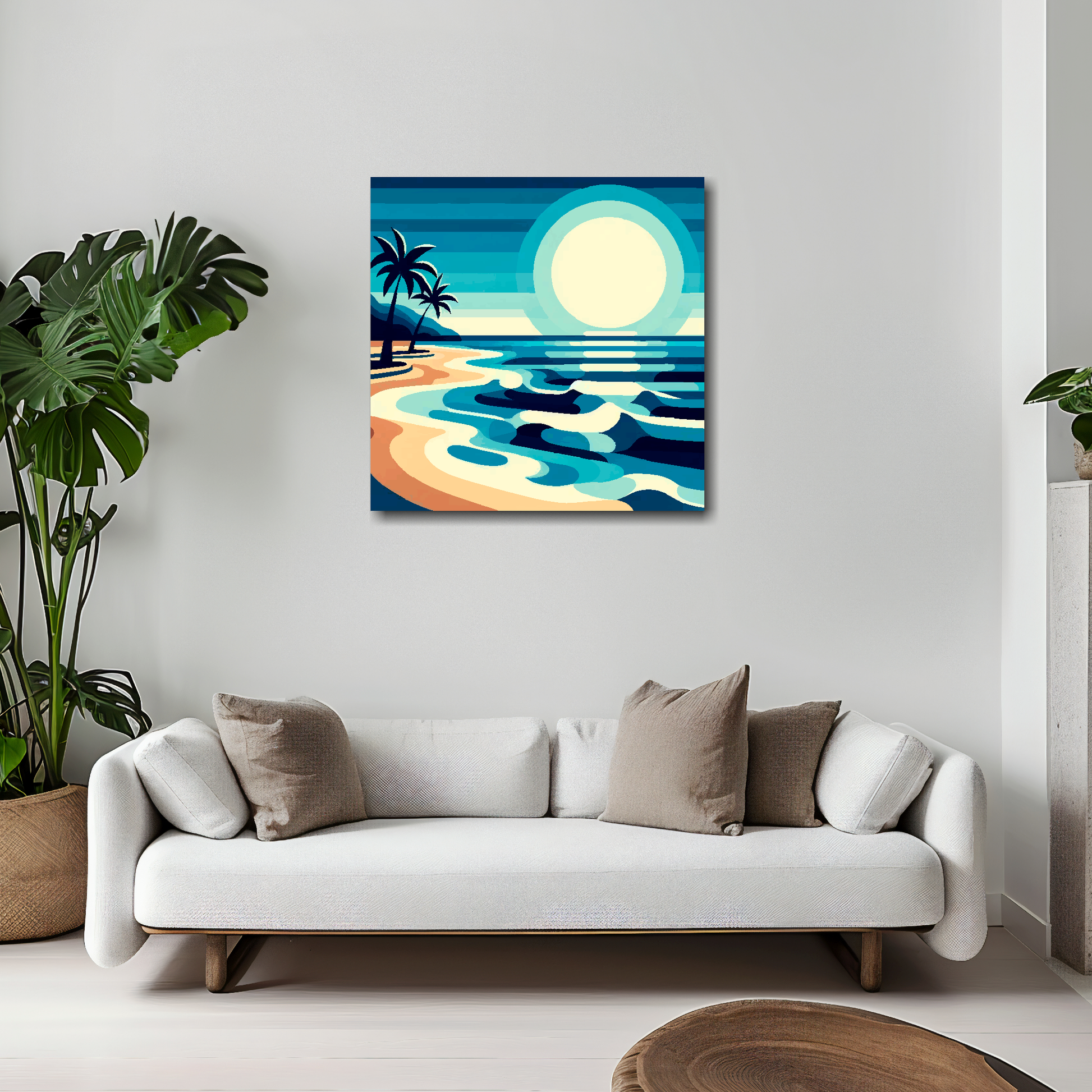 Palm beach canvas 20x20 inches above white sofa - vibrant coastal wall art UK