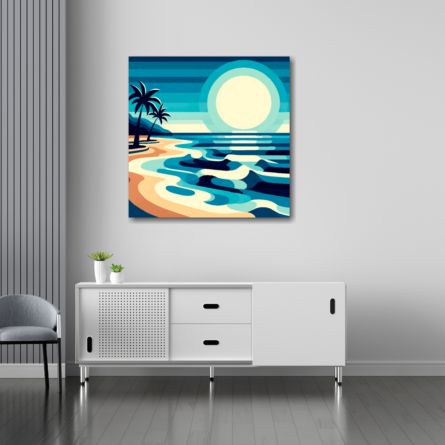 Palm beach canvas 30x30 inches above sideboard - large colourful coastal art UK made