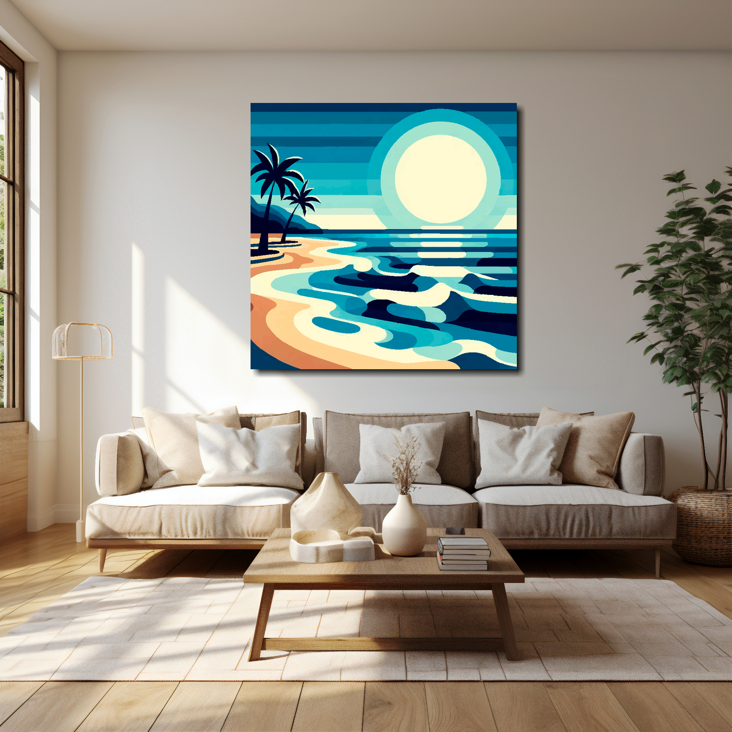 Palm beach canvas 40x40 inches above cream sofa - XL vibrant coastal wall art UK