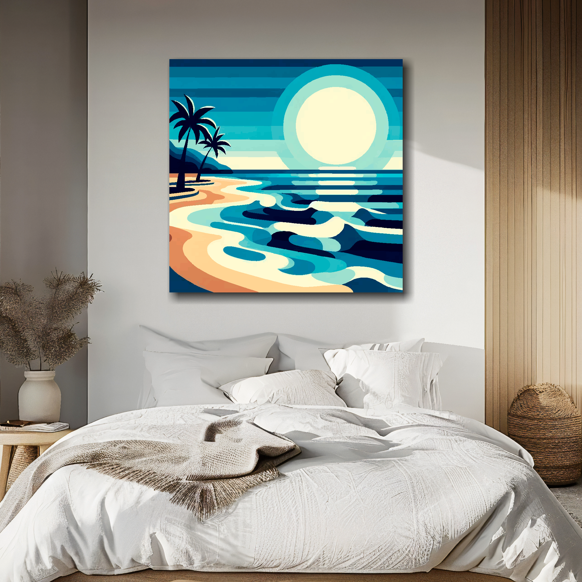 Palm beach canvas above bed - colourful coastal wall decor for UK bedrooms
