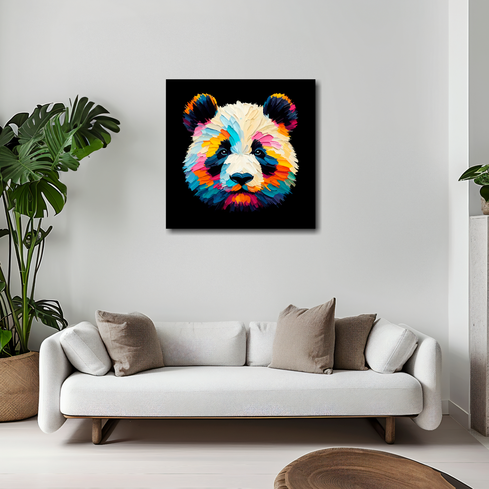 Panda canvas 20x20 inches above white sofa - vibrant wildlife portrait wall art UK