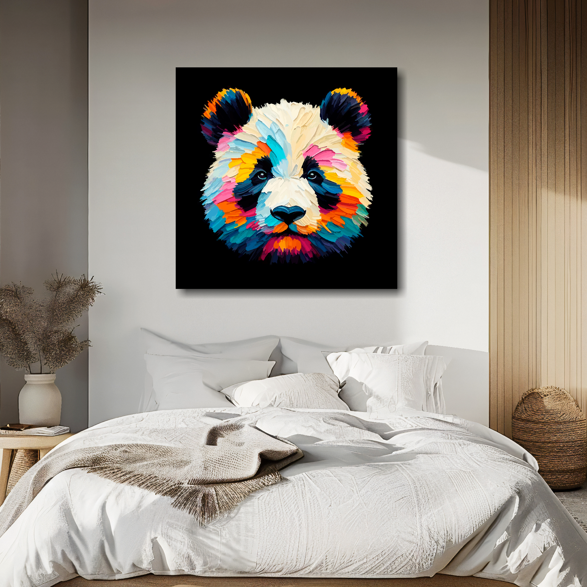Panda portrait canvas above bed - colourful wildlife wall decor for UK bedrooms