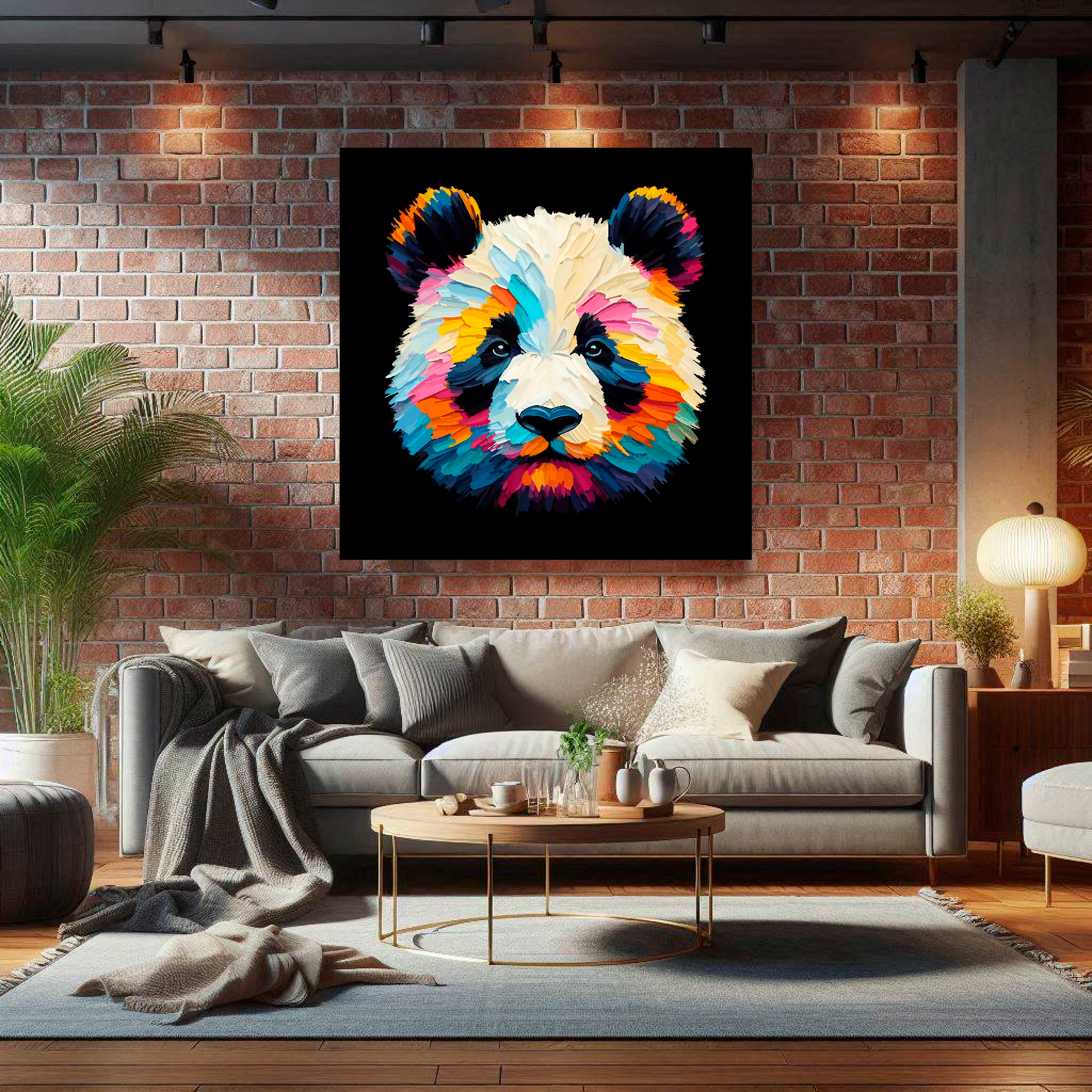Large Panda canvas on brick wall above grey sofa - bold wildlife portrait UK living room