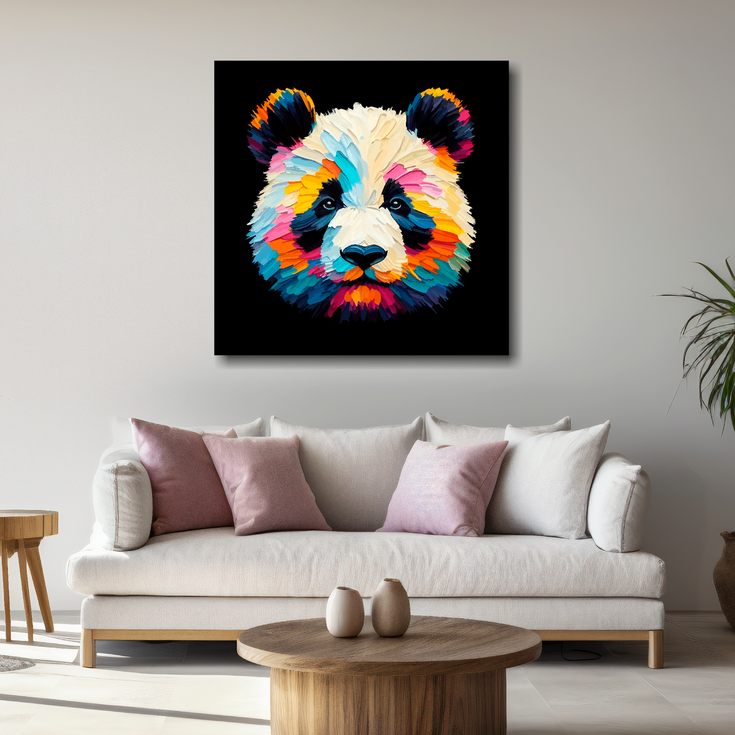 Large Panda canvas above white sofa - vibrant abstract wildlife portrait wall art UK