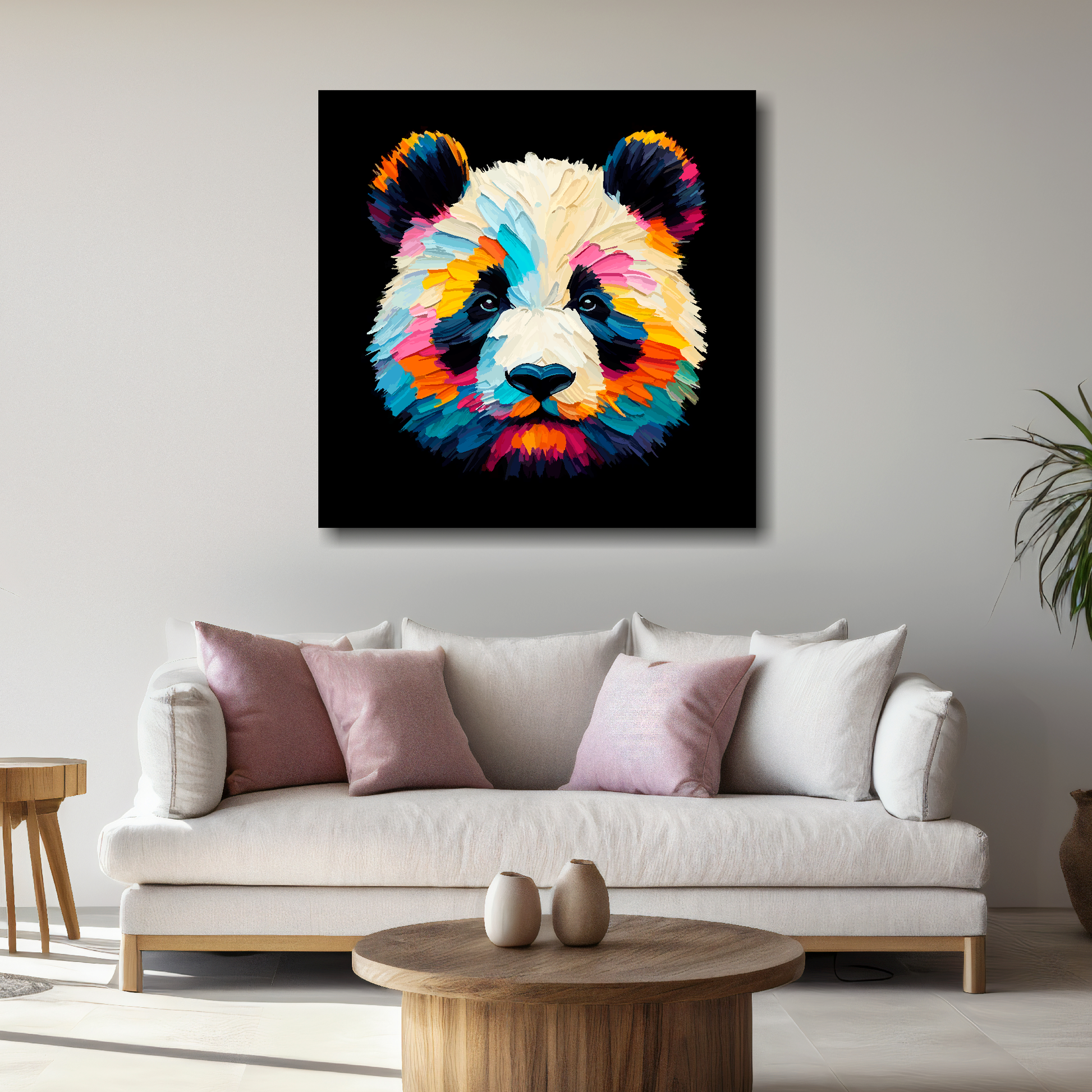 Large Panda canvas above white sofa - vibrant abstract wildlife portrait wall art UK