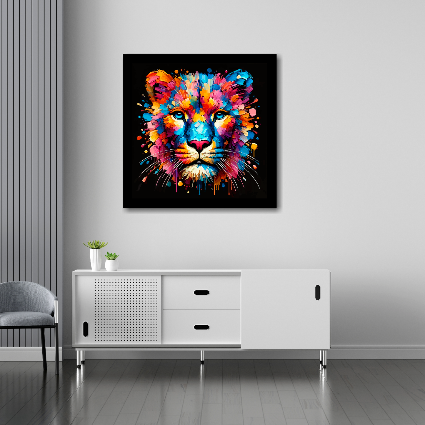 Panther canvas 30x30 inches above sideboard - large colourful wildlife portrait UK made