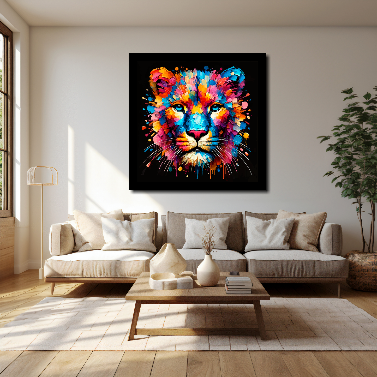 Panther canvas 40x40 inches above cream sofa - XL vibrant wildlife wall art UK