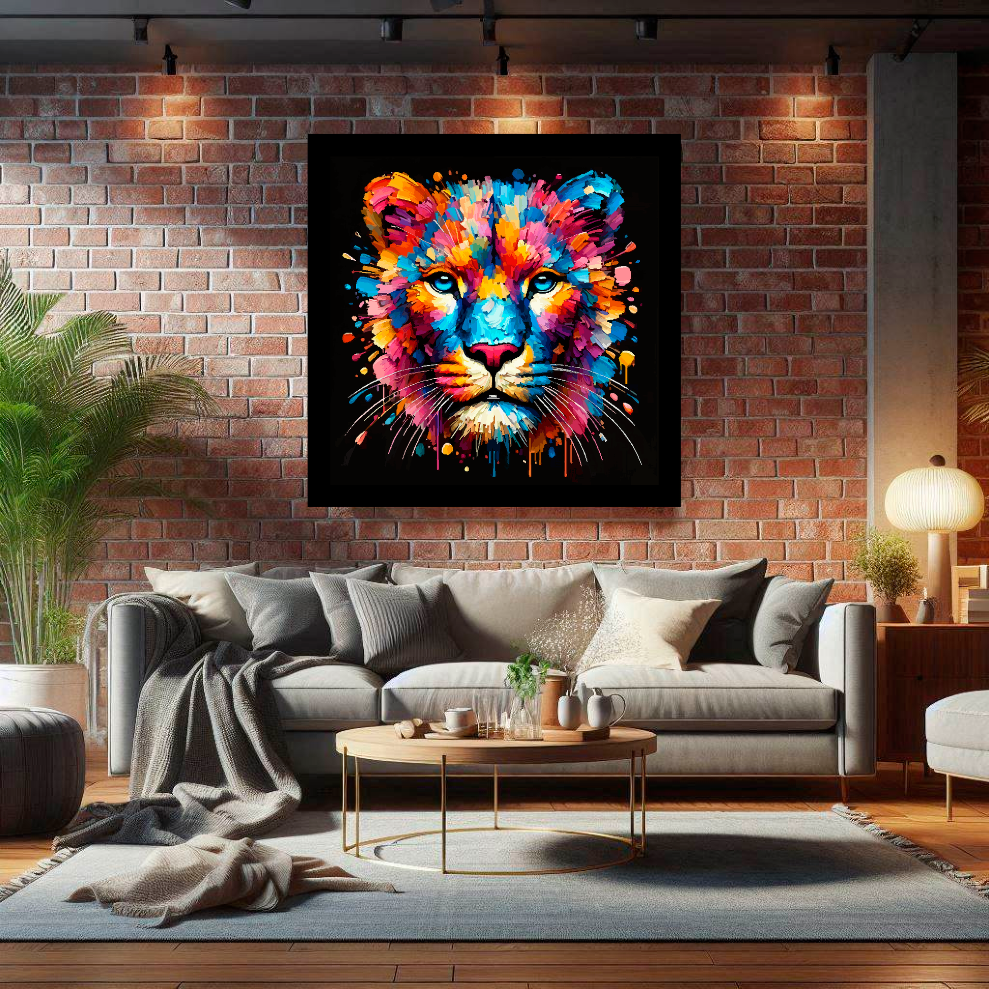 Large Panther canvas on brick wall above grey sofa - bold wildlife portrait UK living room