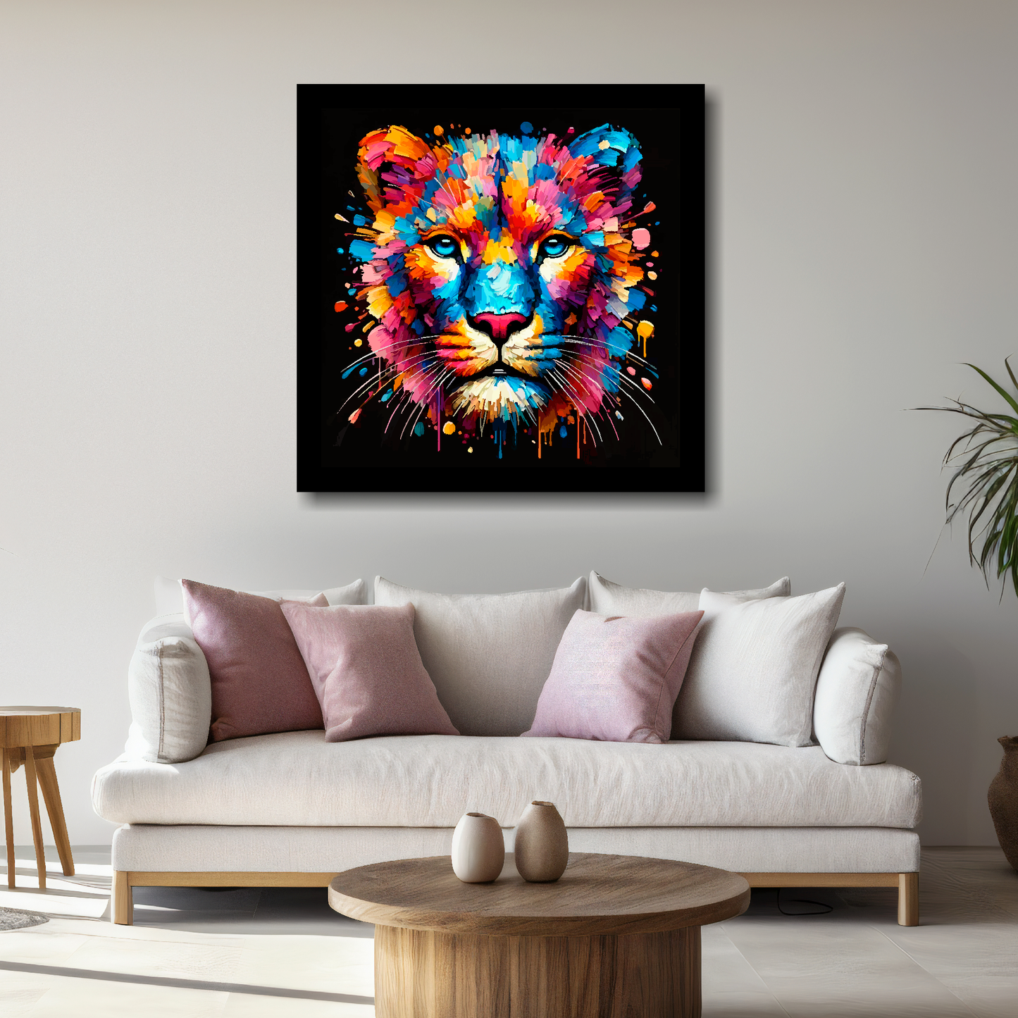Large Panther canvas above white sofa - vibrant abstract wildlife portrait wall art UK