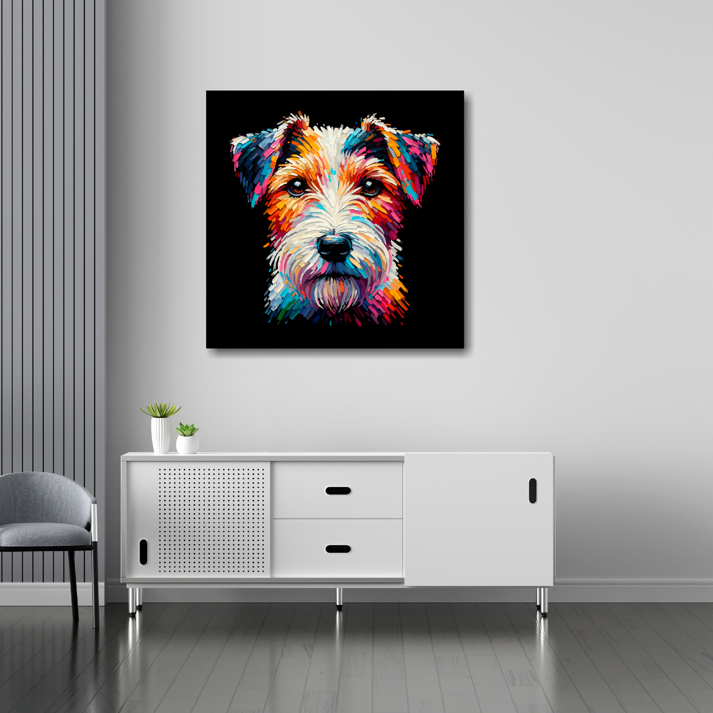 Parson Russell Terrier canvas 30x30 inches above sideboard - large colourful dog portrait UK made