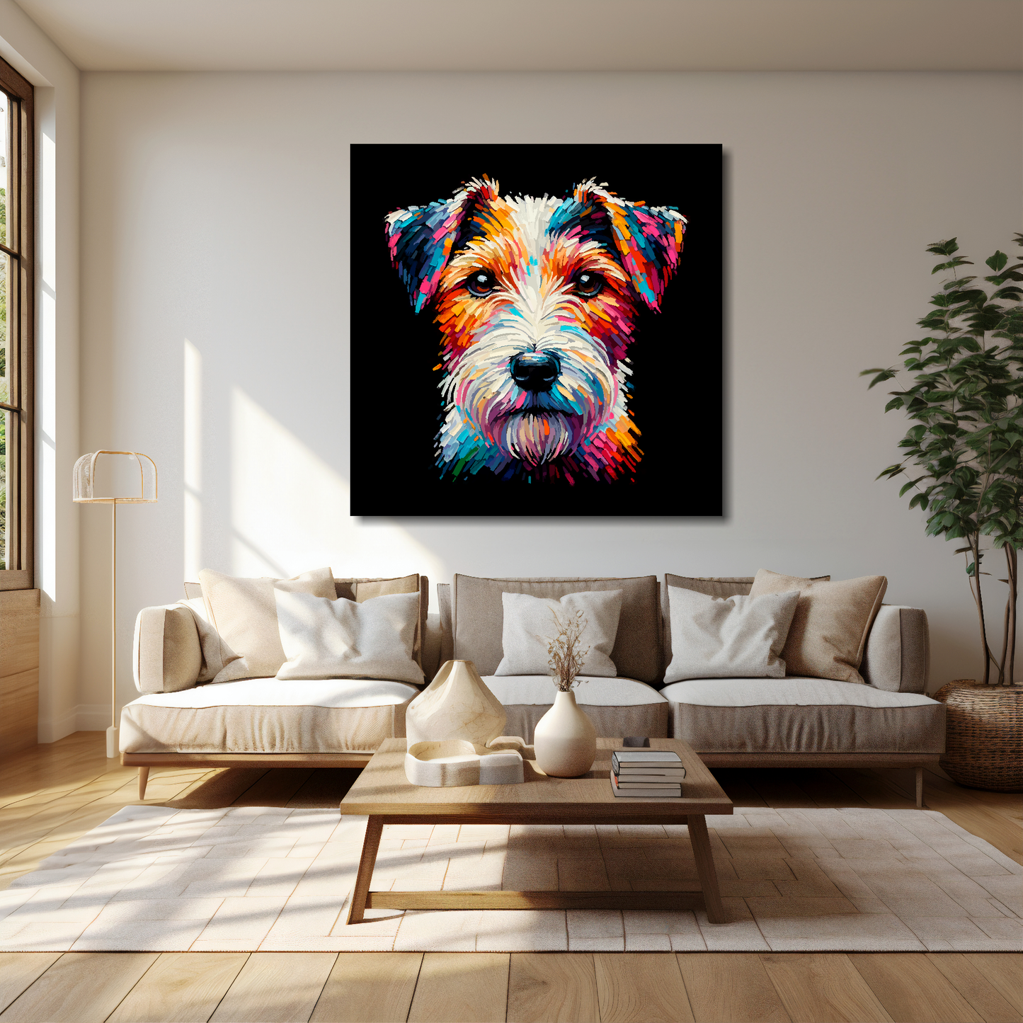 Parson Russell Terrier canvas 40x40 inches above cream sofa - XL vibrant dog wall art UK