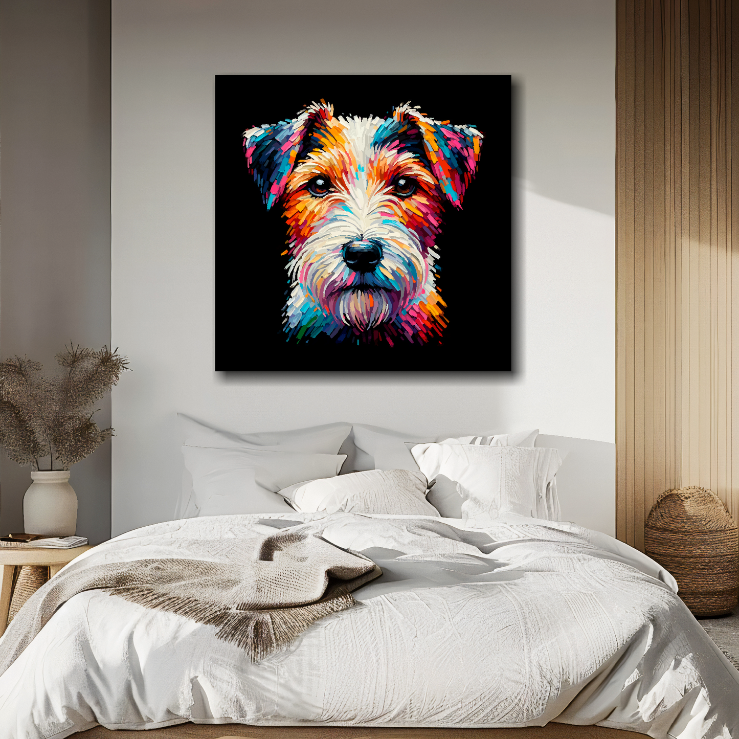 Parson Russell Terrier portrait canvas above bed - colourful dog wall decor for UK bedrooms
