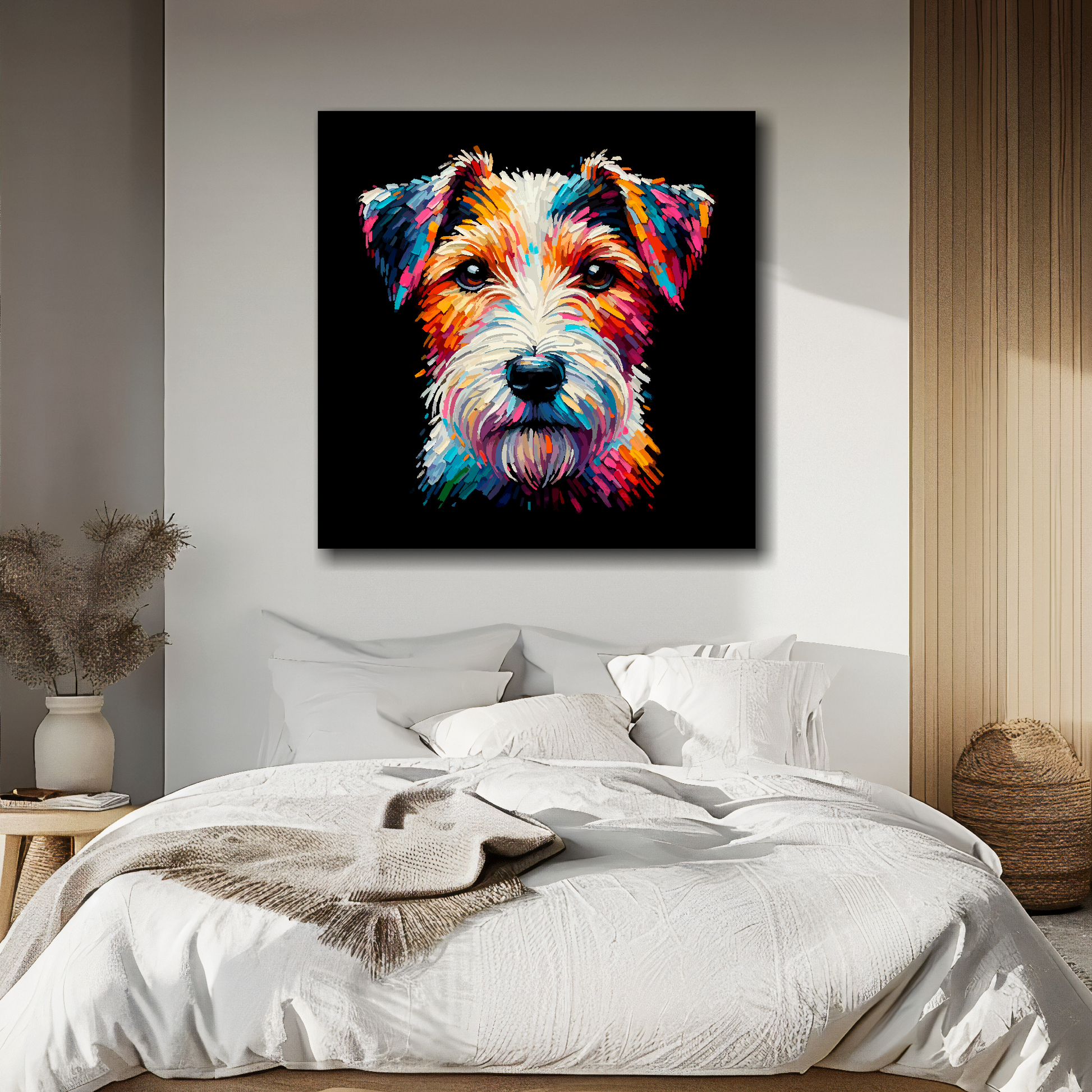 Parson Russell Terrier portrait canvas above bed - colourful dog wall decor for UK bedrooms