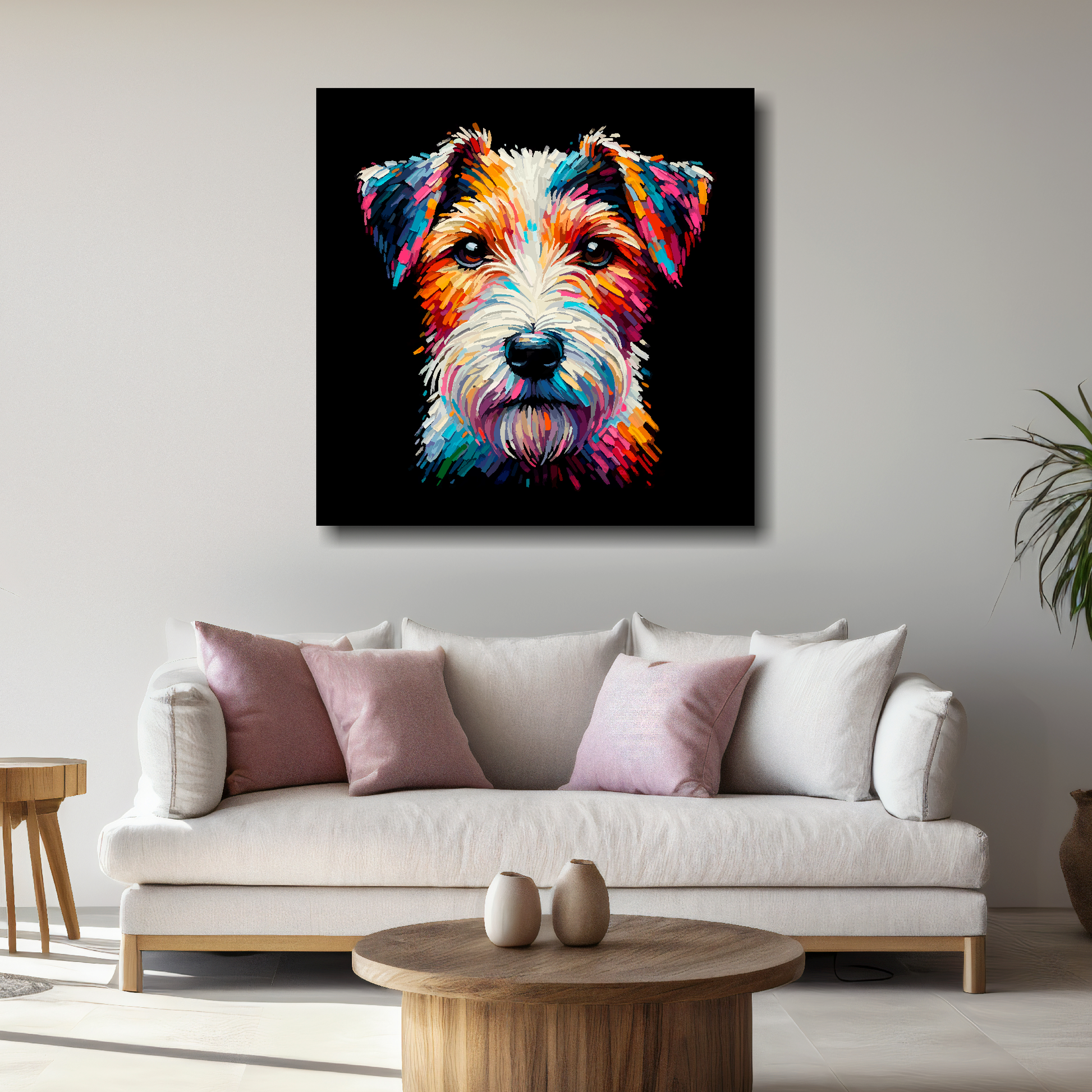 Large Parson Russell Terrier canvas above white sofa - vibrant abstract dog portrait wall art UK