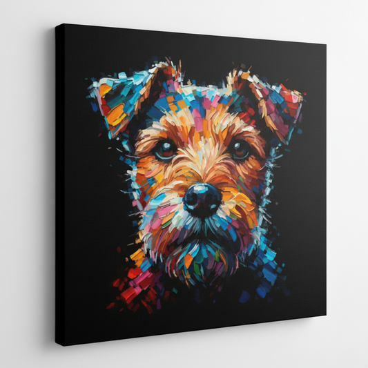 Colourful Patterdale Terrier dog portrait canvas print - UK made abstract pet wall art black background