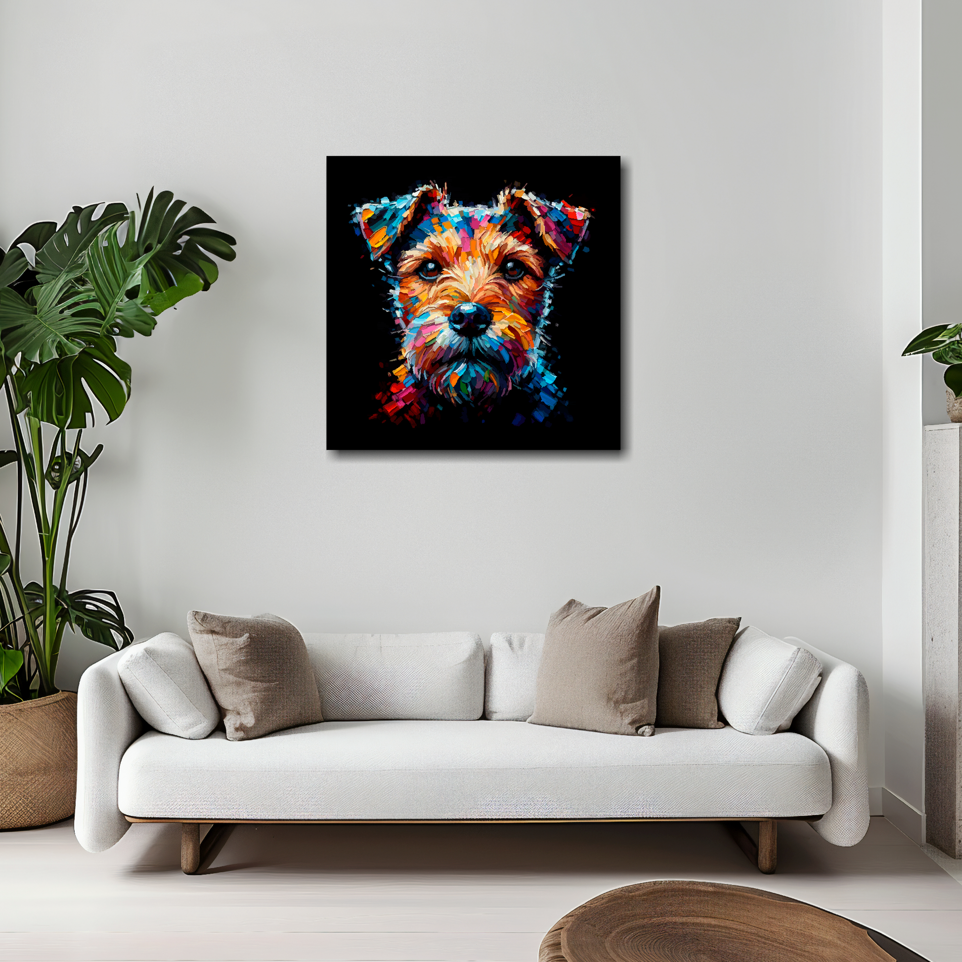 Patterdale Terrier canvas 20x20 inches above white sofa - vibrant dog portrait wall art UK