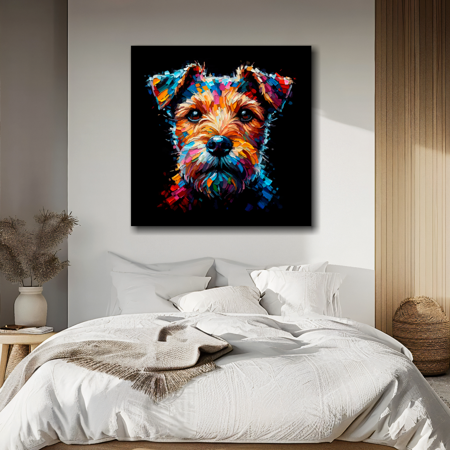 Patterdale Terrier portrait canvas above bed - colourful dog wall decor for UK bedrooms