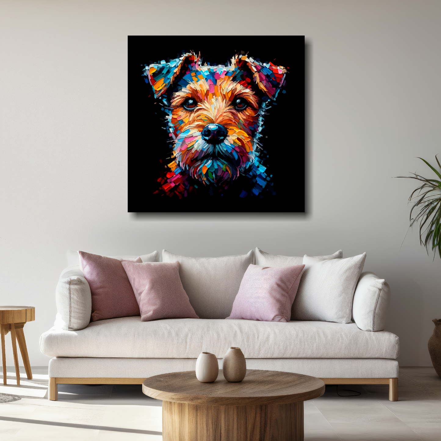 Large Patterdale Terrier canvas above white sofa - vibrant abstract dog portrait wall art UK