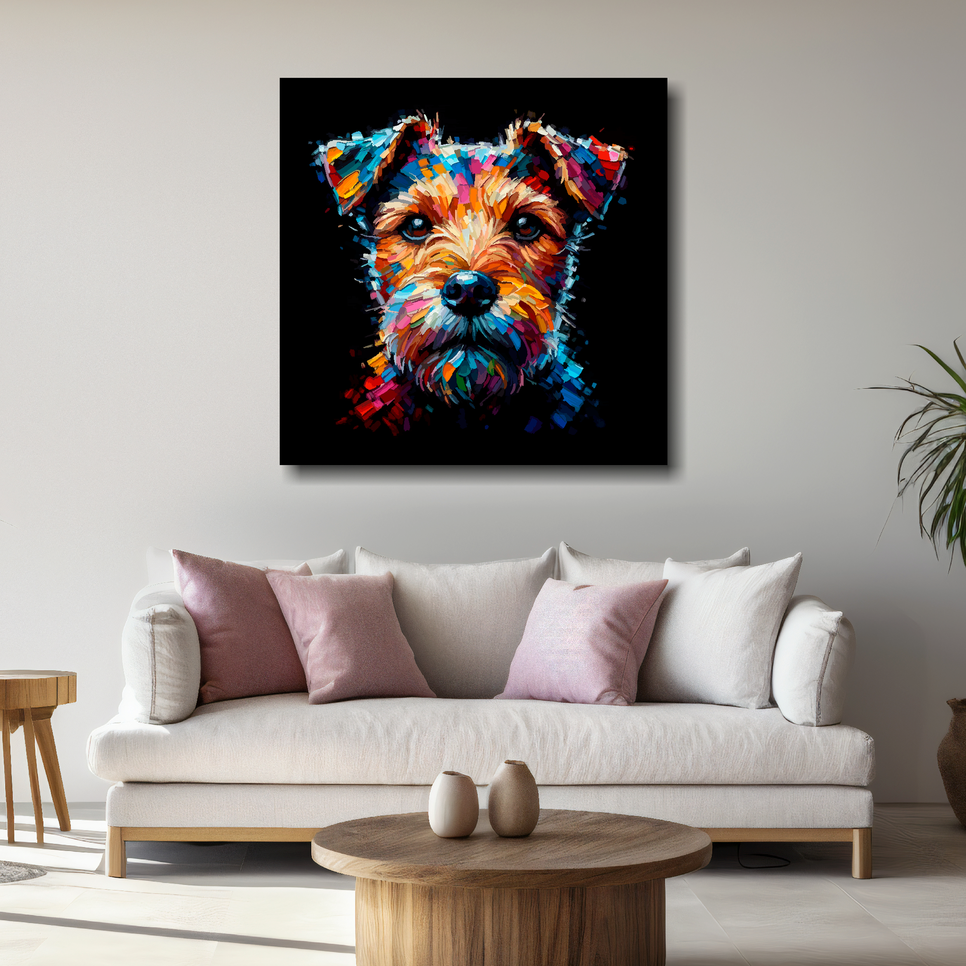Large Patterdale Terrier canvas above white sofa - vibrant abstract dog portrait wall art UK