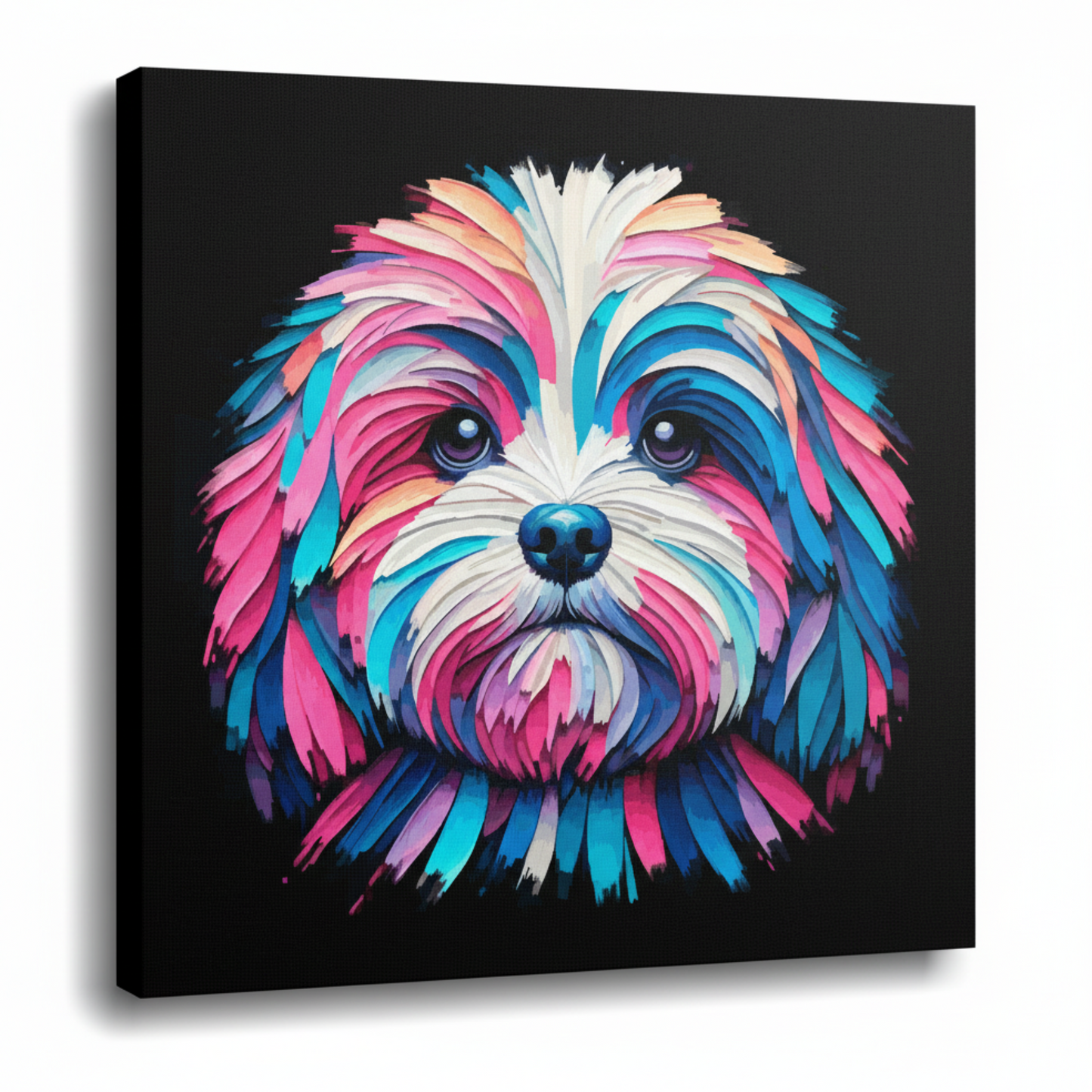 Colourful Peekapoo dog portrait canvas print - UK made abstract pet wall art black background
