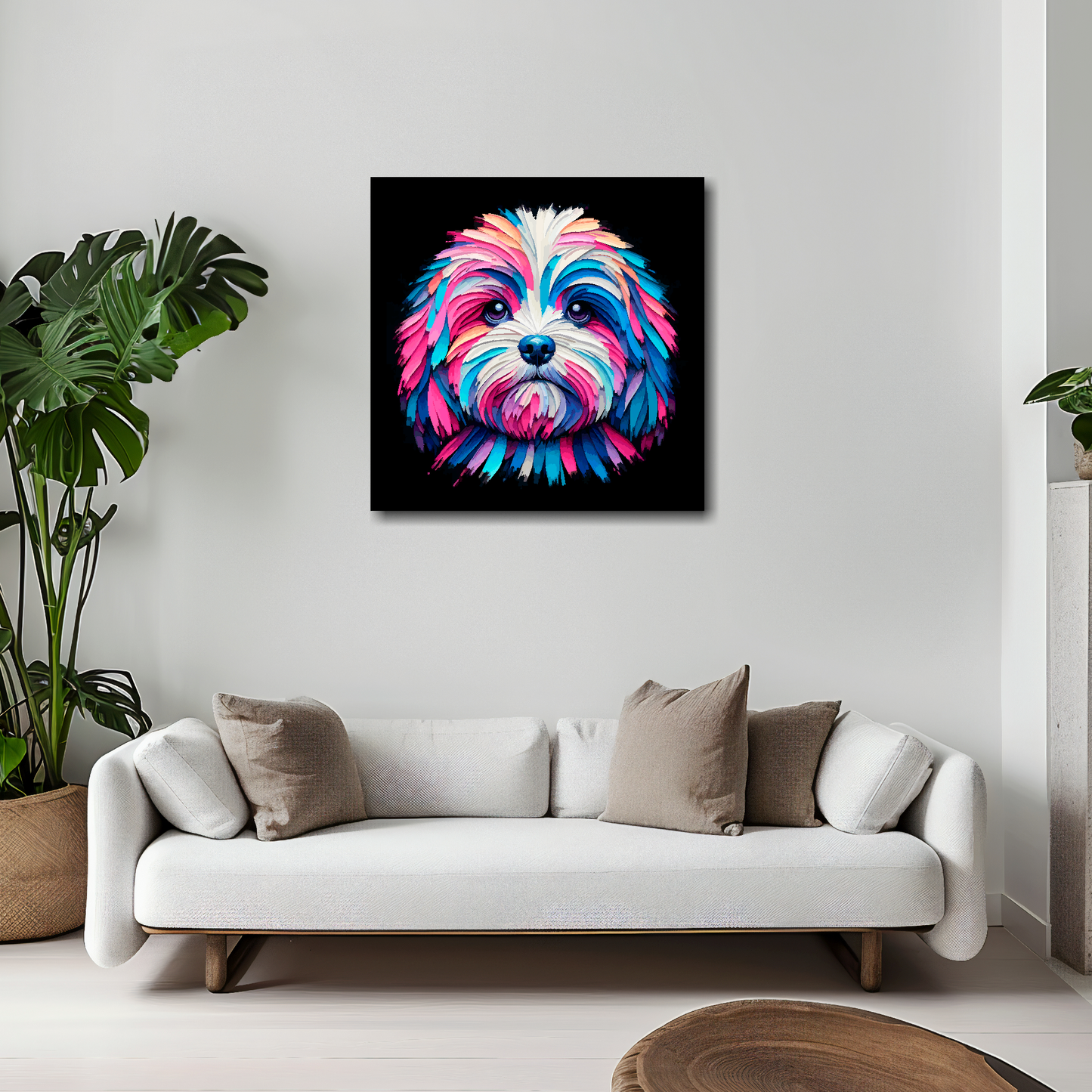 Peekapoo canvas 20x20 inches above white sofa - vibrant dog portrait wall art UK