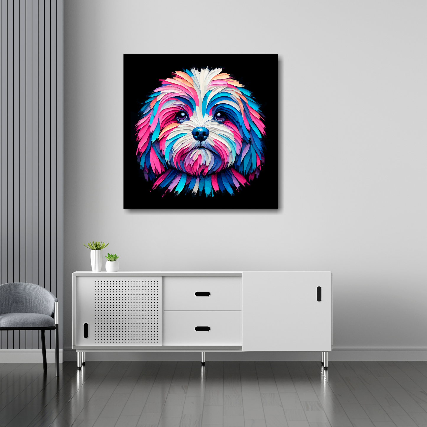 Peekapoo canvas 30x30 inches above sideboard - large colourful dog portrait UK made