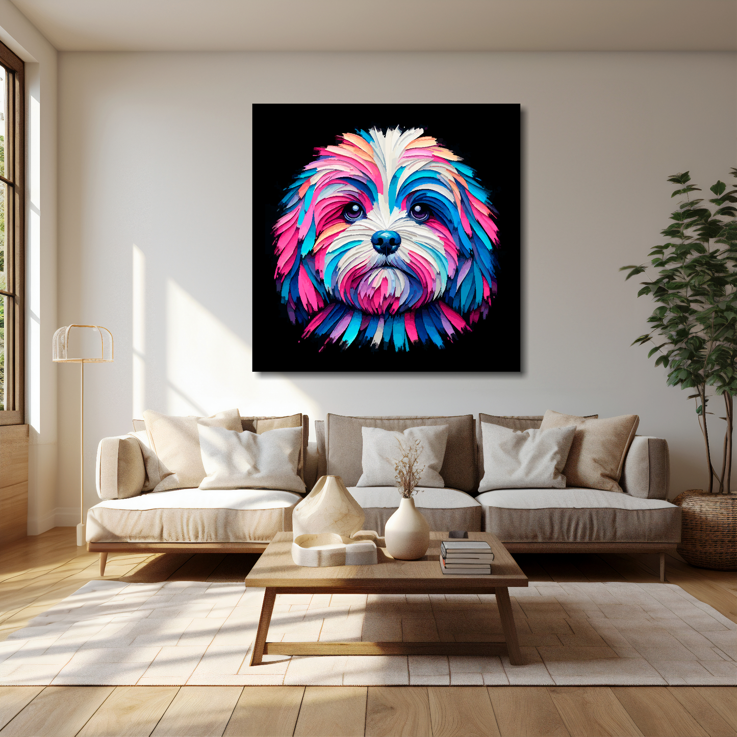 Peekapoo canvas 40x40 inches above cream sofa - XL vibrant dog wall art UK