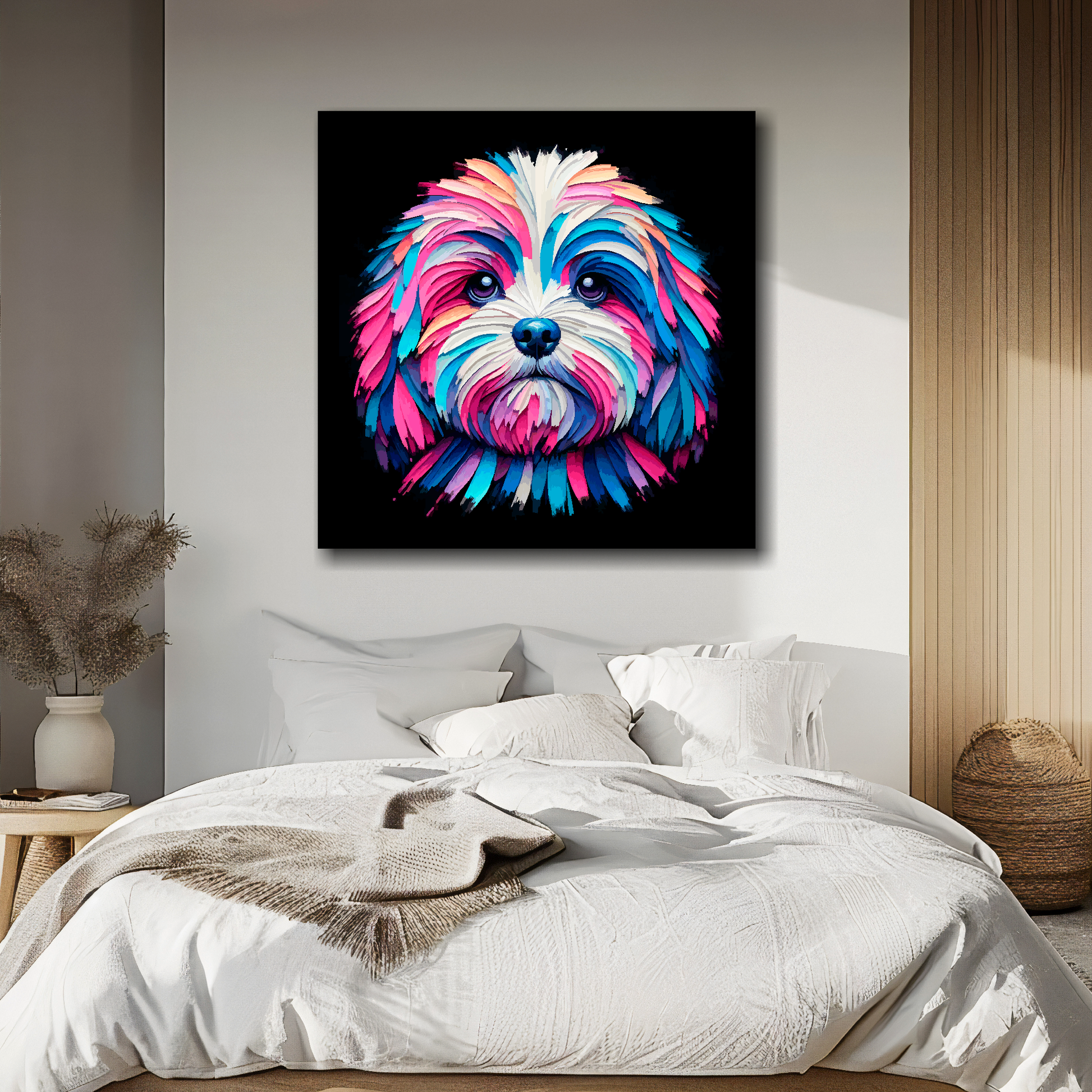 Peekapoo portrait canvas above bed - colourful dog wall decor for UK bedrooms