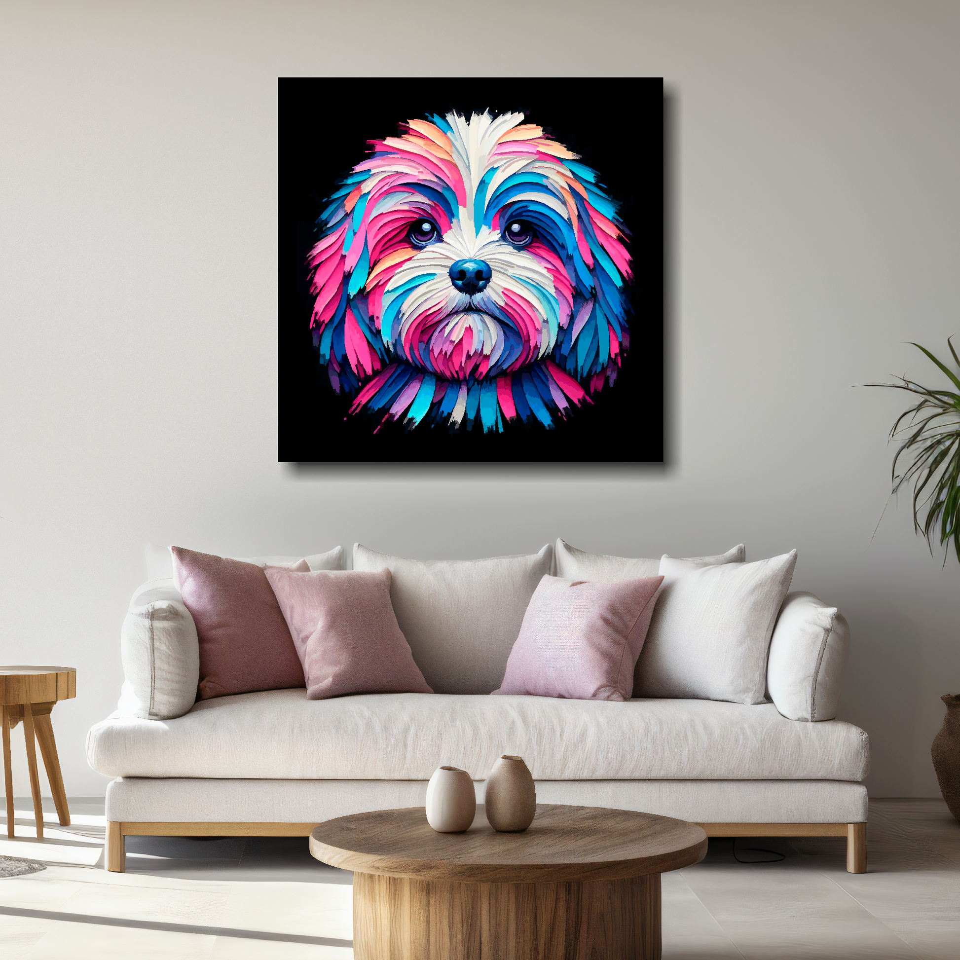 Large Peekapoo canvas above white sofa - vibrant abstract dog portrait wall art UK