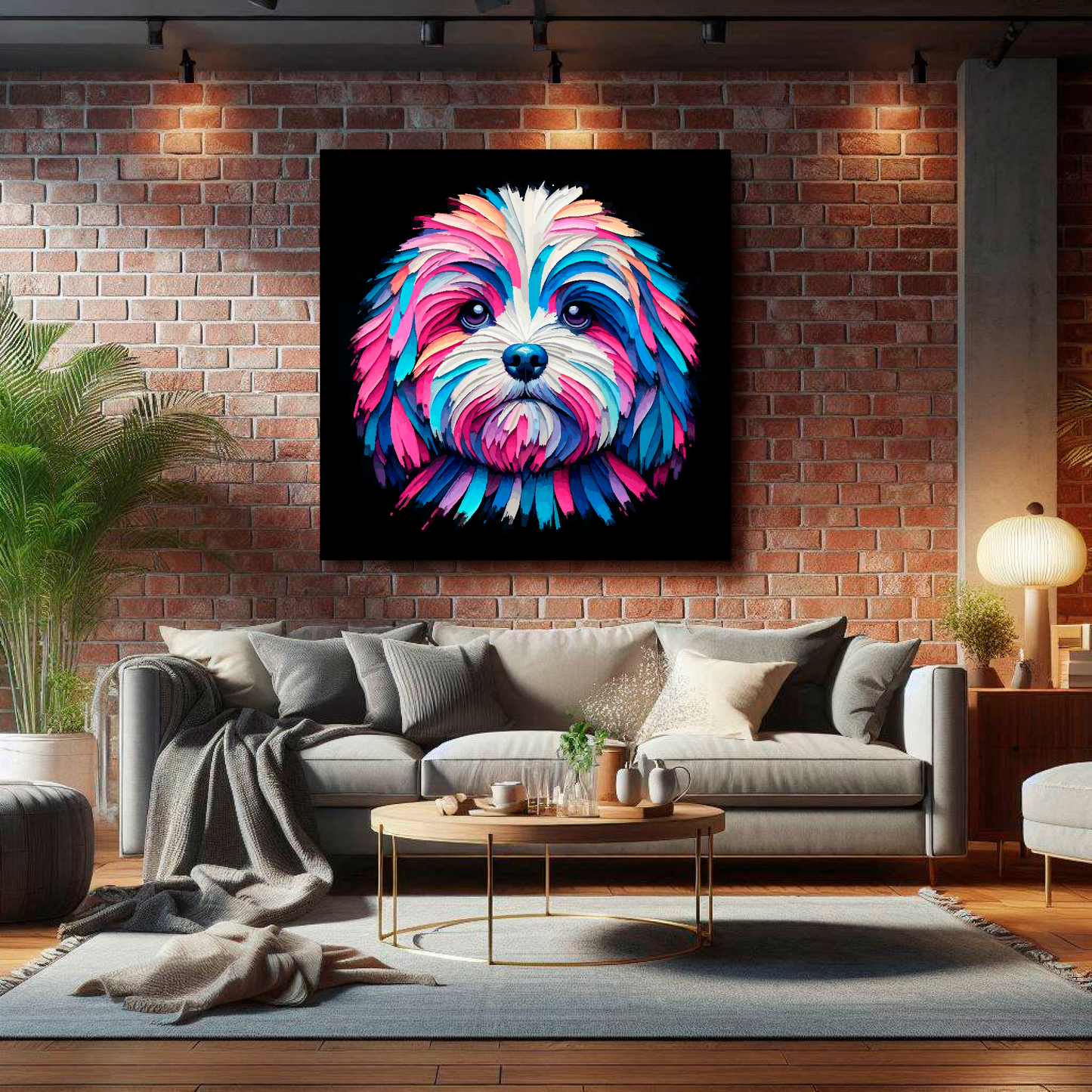 Large Peekapoo canvas on brick wall above grey sofa - bold dog portrait UK living room