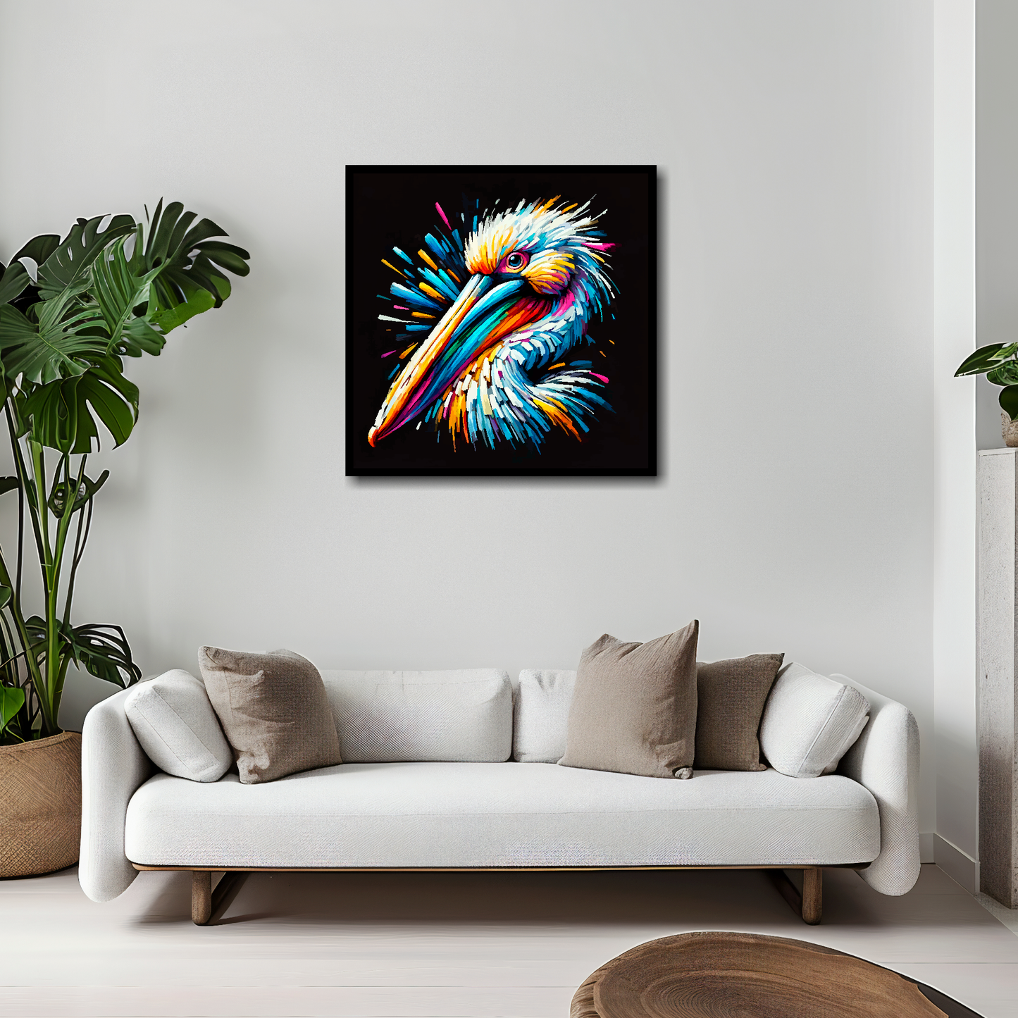 Pelican canvas 20x20 inches above white sofa - vibrant bird portrait wall art UK