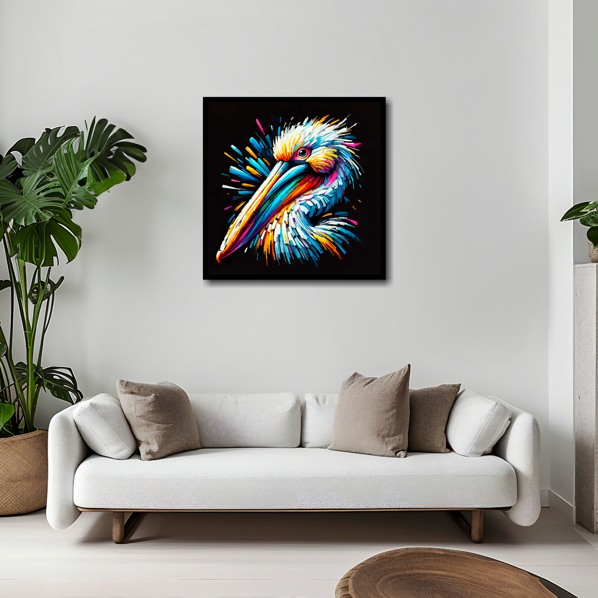 Pelican canvas 20x20 inches above white sofa - vibrant bird portrait wall art UK
