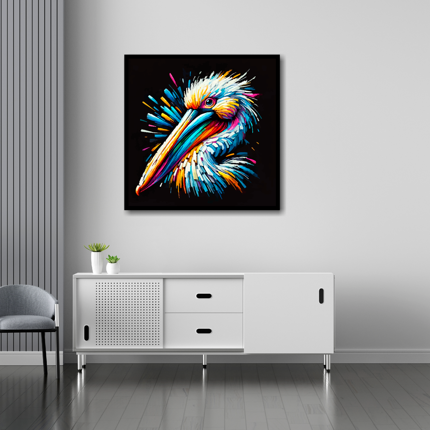 Pelican canvas 30x30 inches above sideboard - large colourful bird portrait UK made